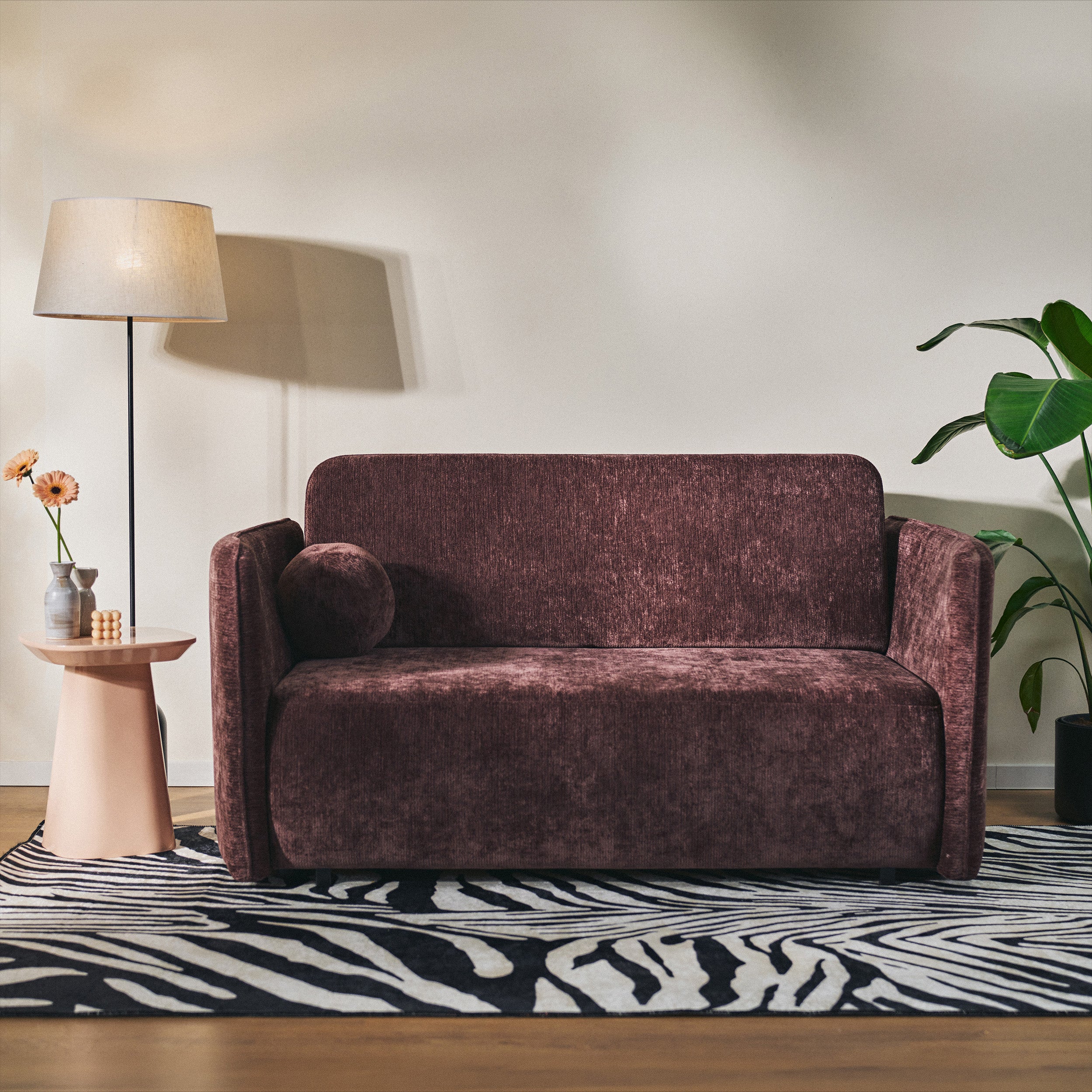 Ausziehbares Zweisitzer-Sofa Paxi 165 cm mit Stauraum, Pflaumenfarbener Chenillestoff