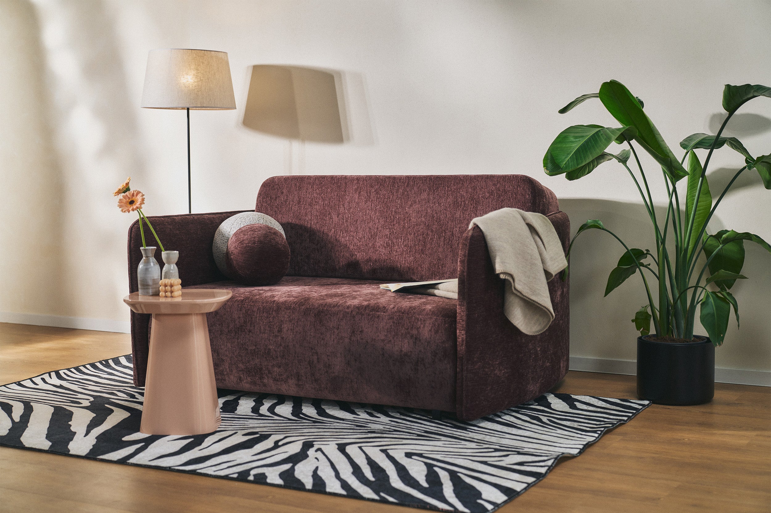 Ausziehbares Zweisitzer-Sofa Paxi 165 cm mit Stauraum, Pflaumenfarbener Chenillestoff