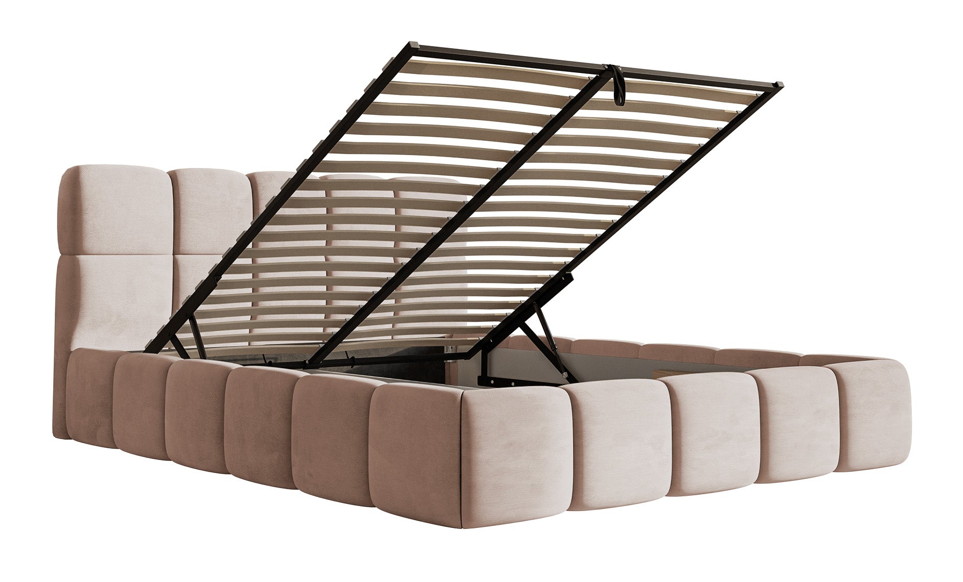 Polsterbett 140x200 cm Cloudy mit Stauraum, beige Velours, wasserabweisend, pflegeleicht, Metallrahmen