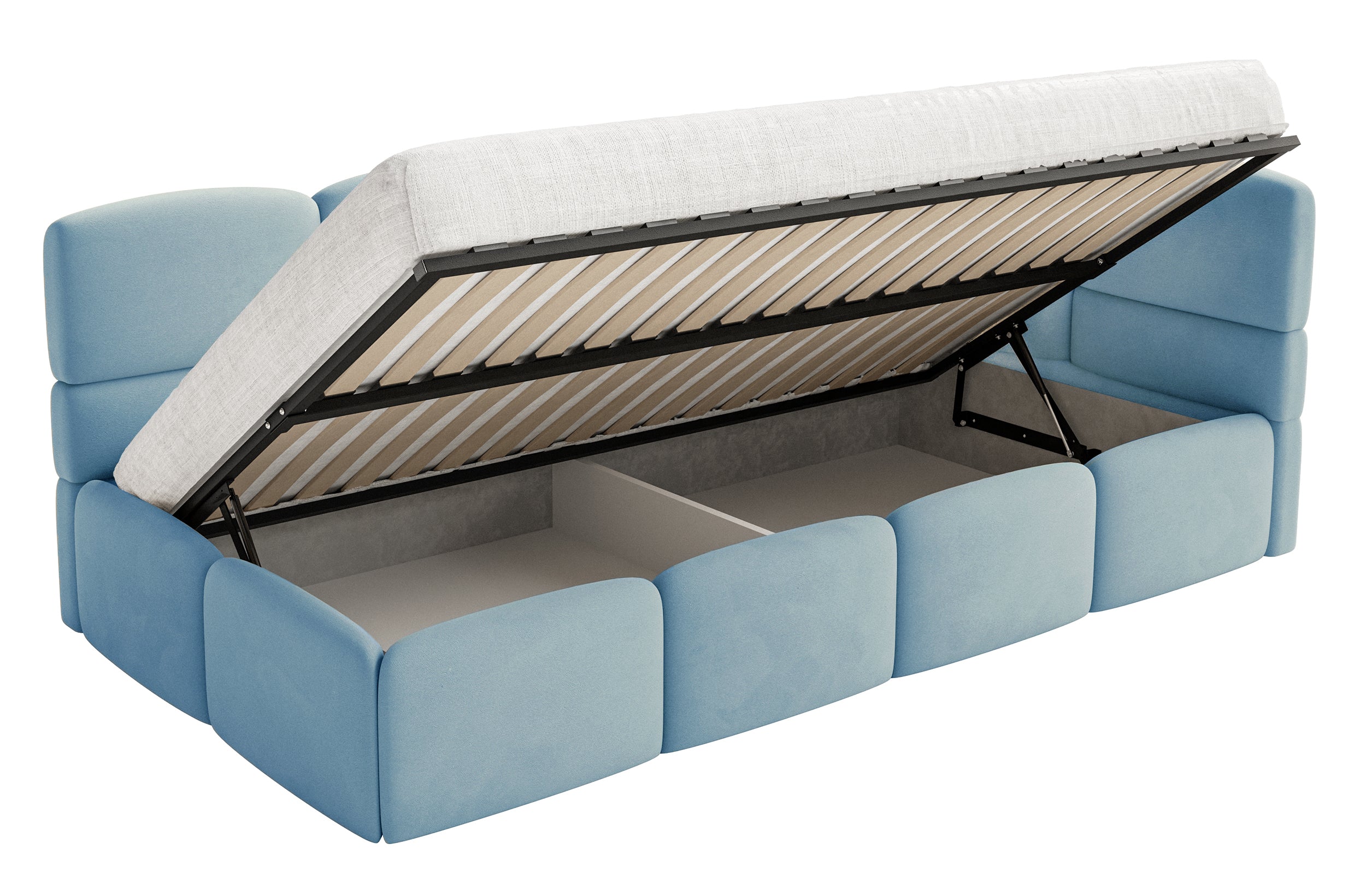 Jugendbett 120x200 cm Cloudy rechtsseitig mit Stauraum, hellblauer Veloursstoff, wasserabweisend und pflegeleicht