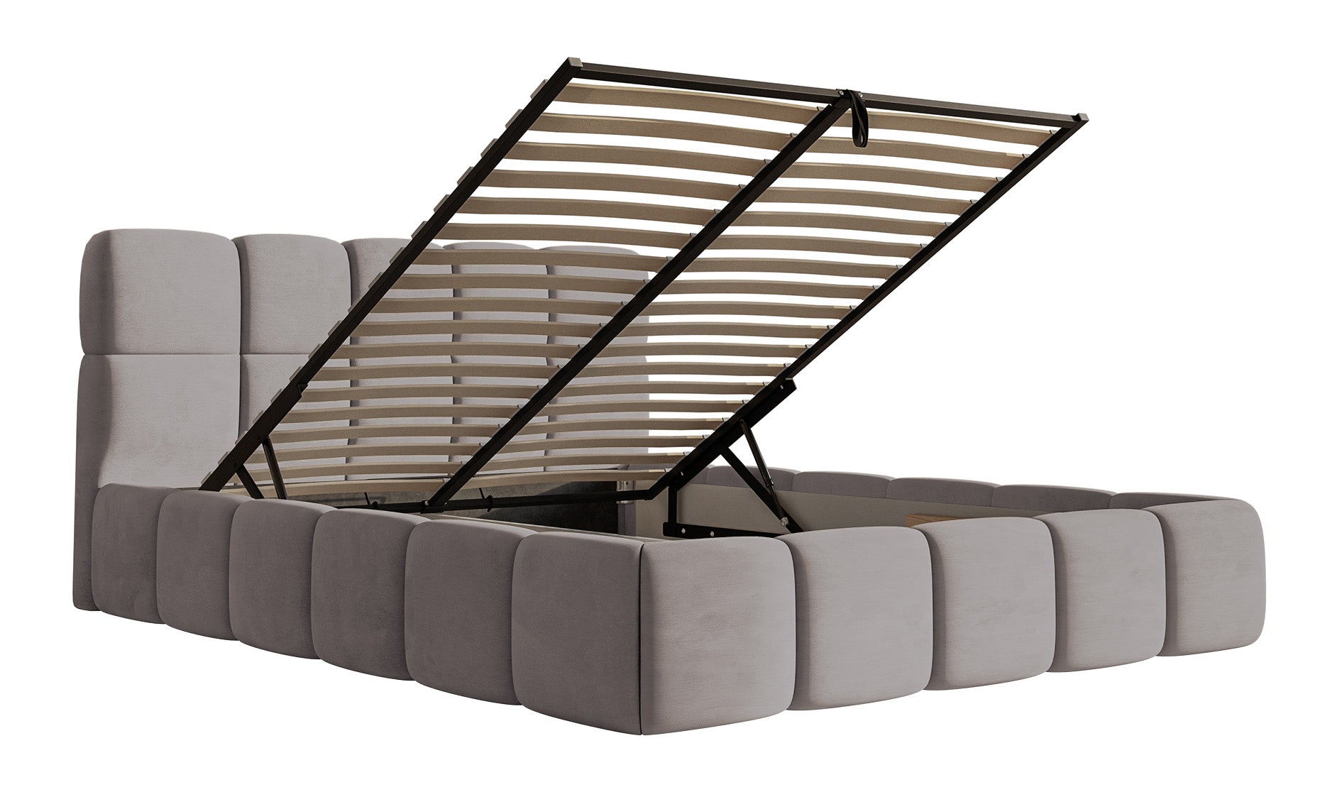 Polsterbett 140x200 cm Cloudy mit Stauraum, hellgrauer Velours, wasserabweisend, pflegeleicht, Metallrahmen