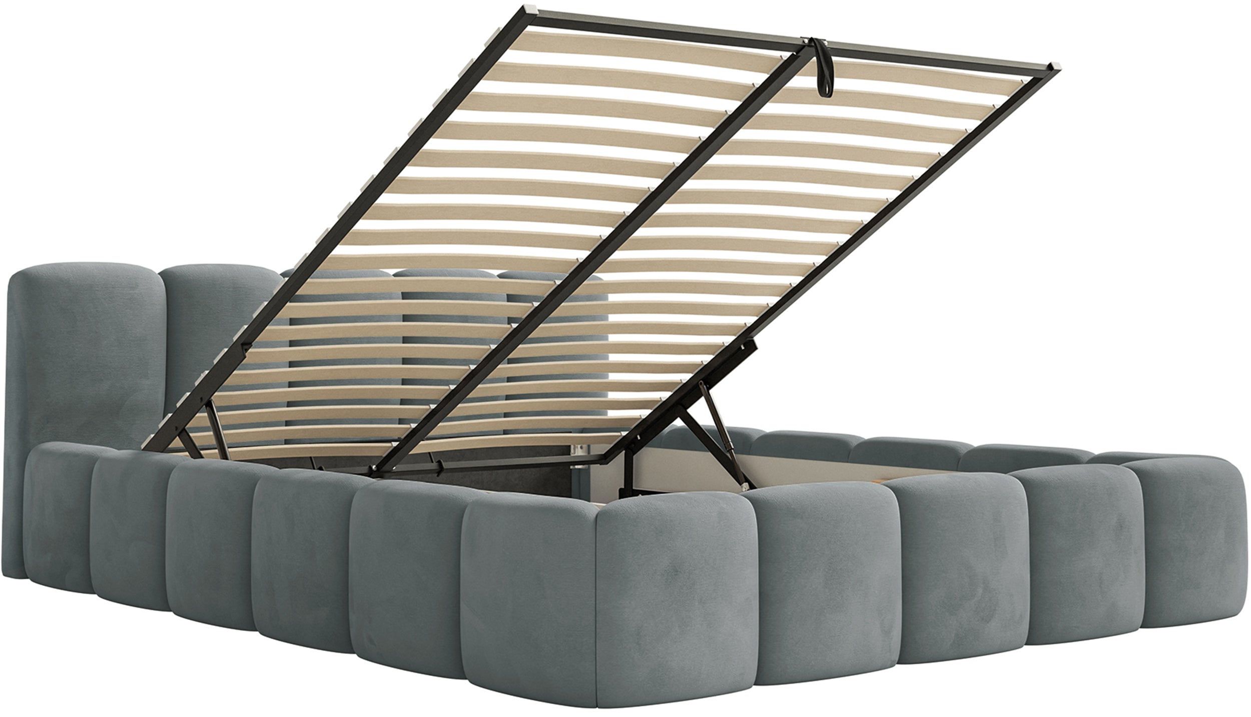 Polsterbett 200x200 cm Cloudy Low mit Stauraum, grauer Veloursstoff, wasserabweisend, pflegeleicht, Metallrahmen