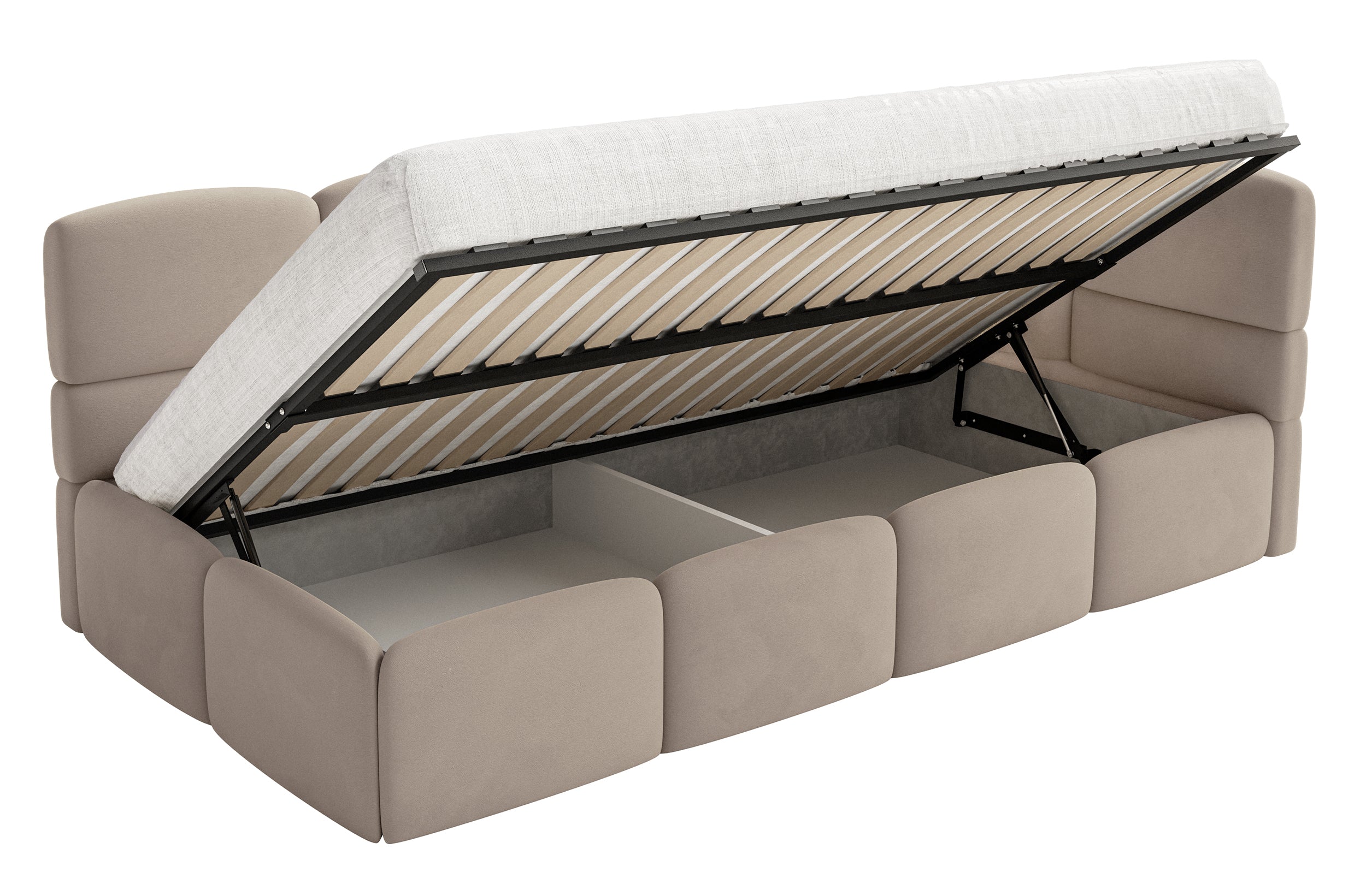 Jugendbett 120x200 cm Cloudy, rechtsseitig, mit Stauraum, beige Velours, wasserabweisend und pflegeleicht