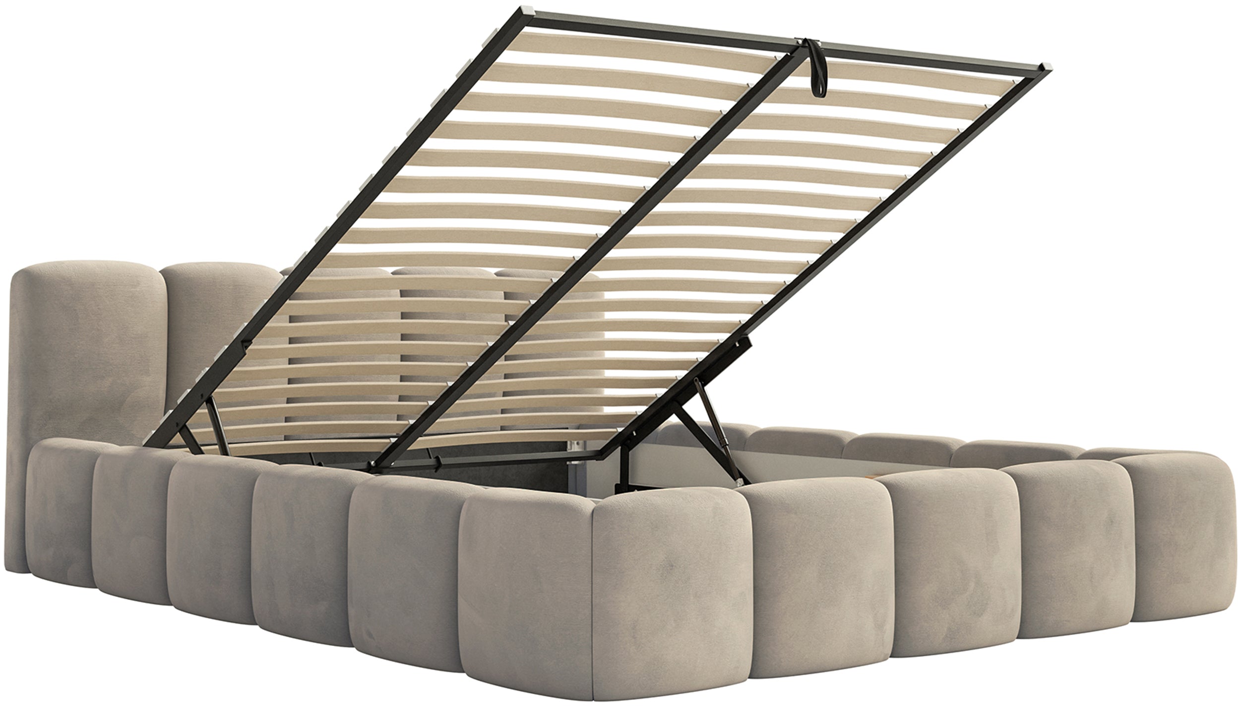 Polsterbett 160x200 cm Cloudy Low mit Stauraum, grau-beiges Velours, wasserabweisend, pflegeleicht, Metallrahmen