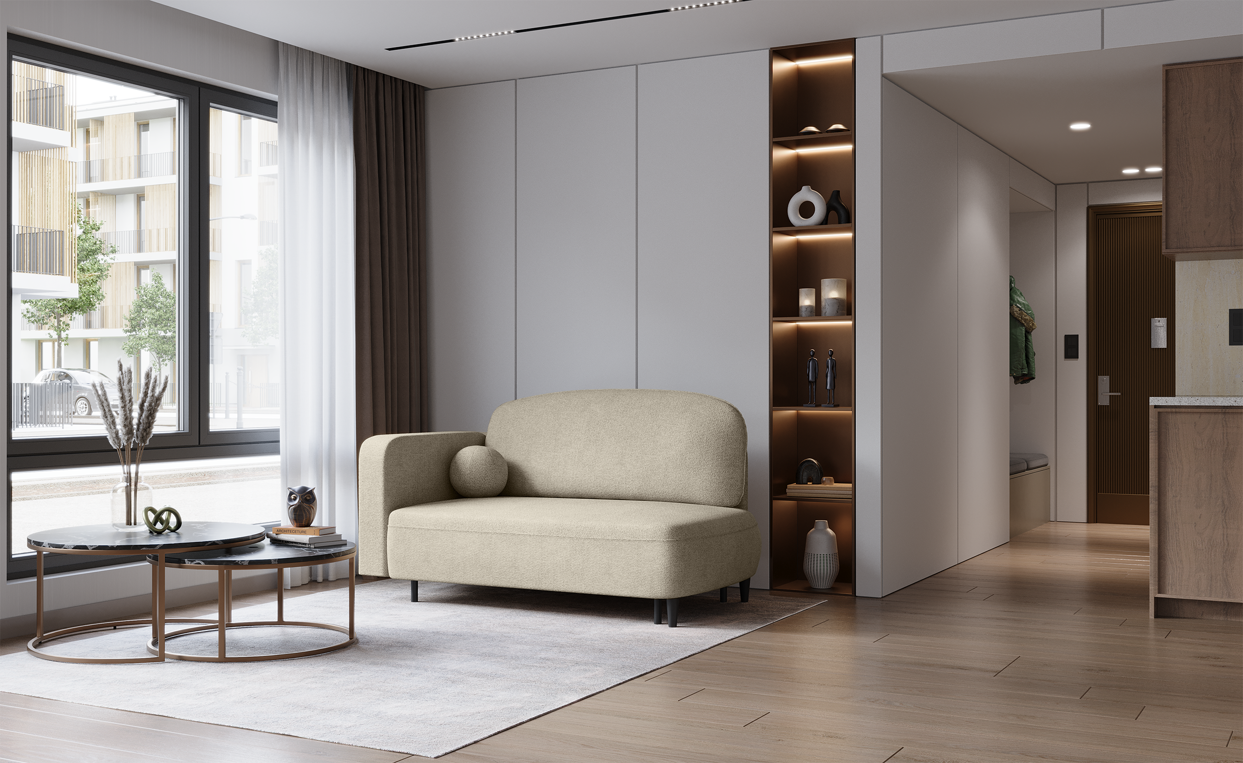 Ausziehbare Liege Pinkio rechtsseitig mit Stauraum, beige Chenille