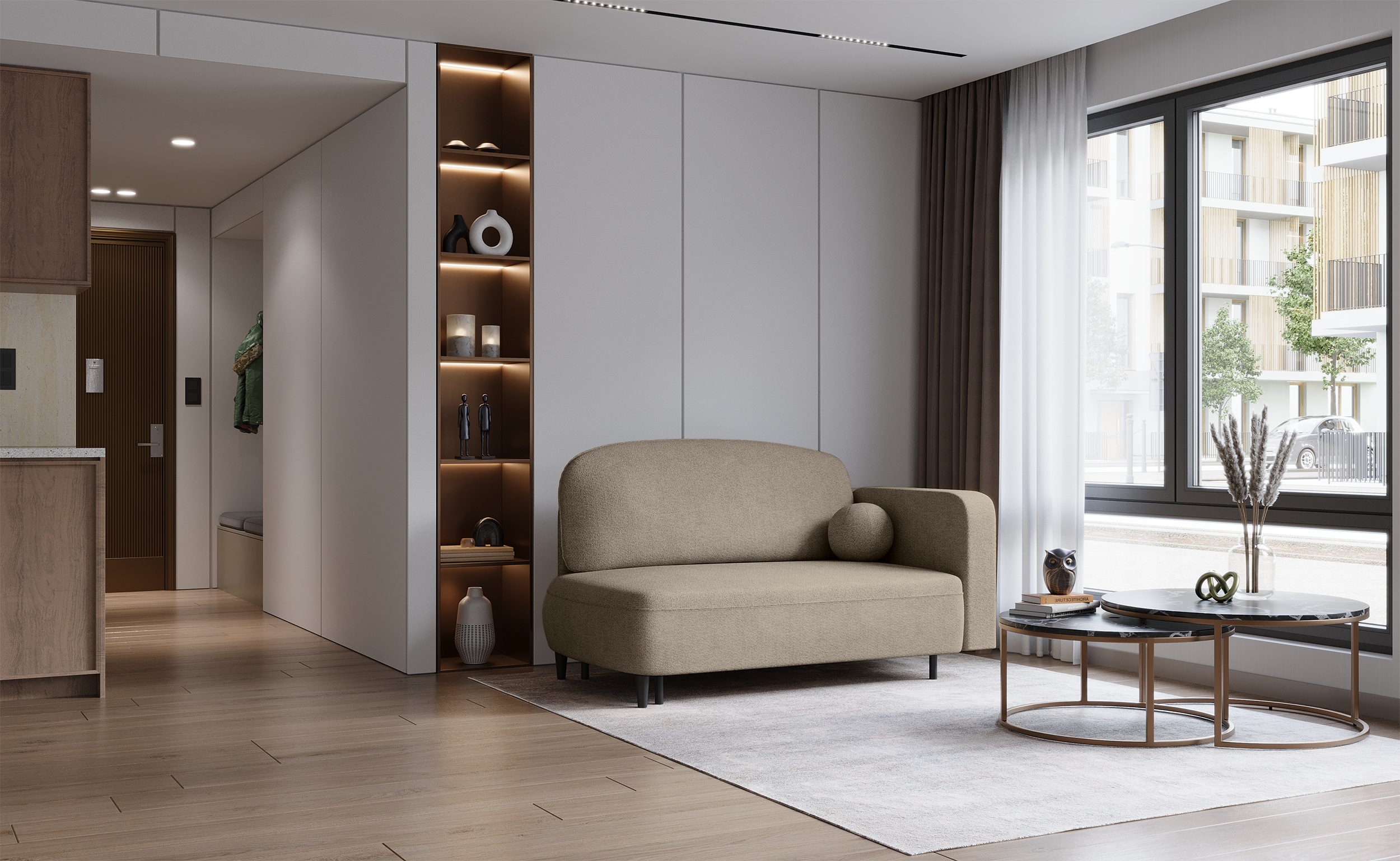 Ausziehbare Liege Pinkio linksseitig mit Stauraum, dunkelbeige Chenille