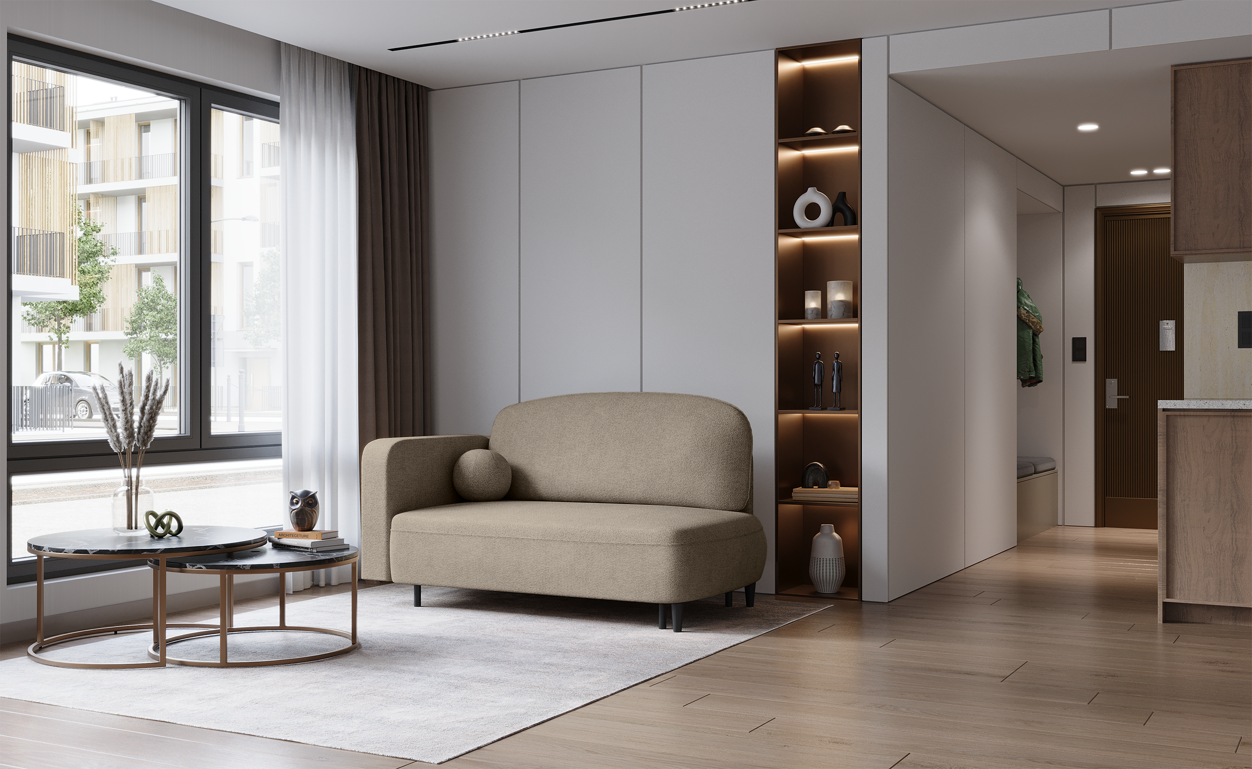 Ausziehbare Liege Pinkio, rechtsseitig, mit Stauraum, dunkelbeige Chenille