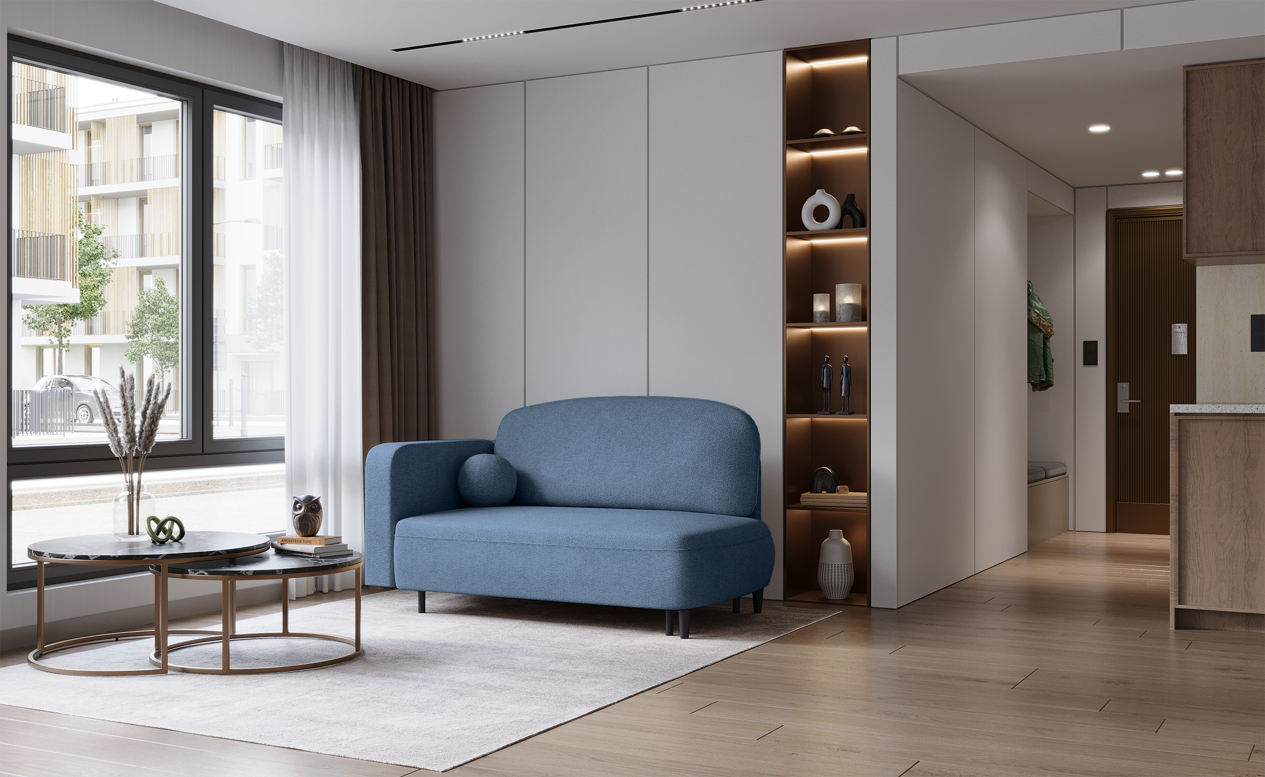 Rechtsseitiges ausklappbares Pinkio-Sofa mit Stauraum, blaues Chenille