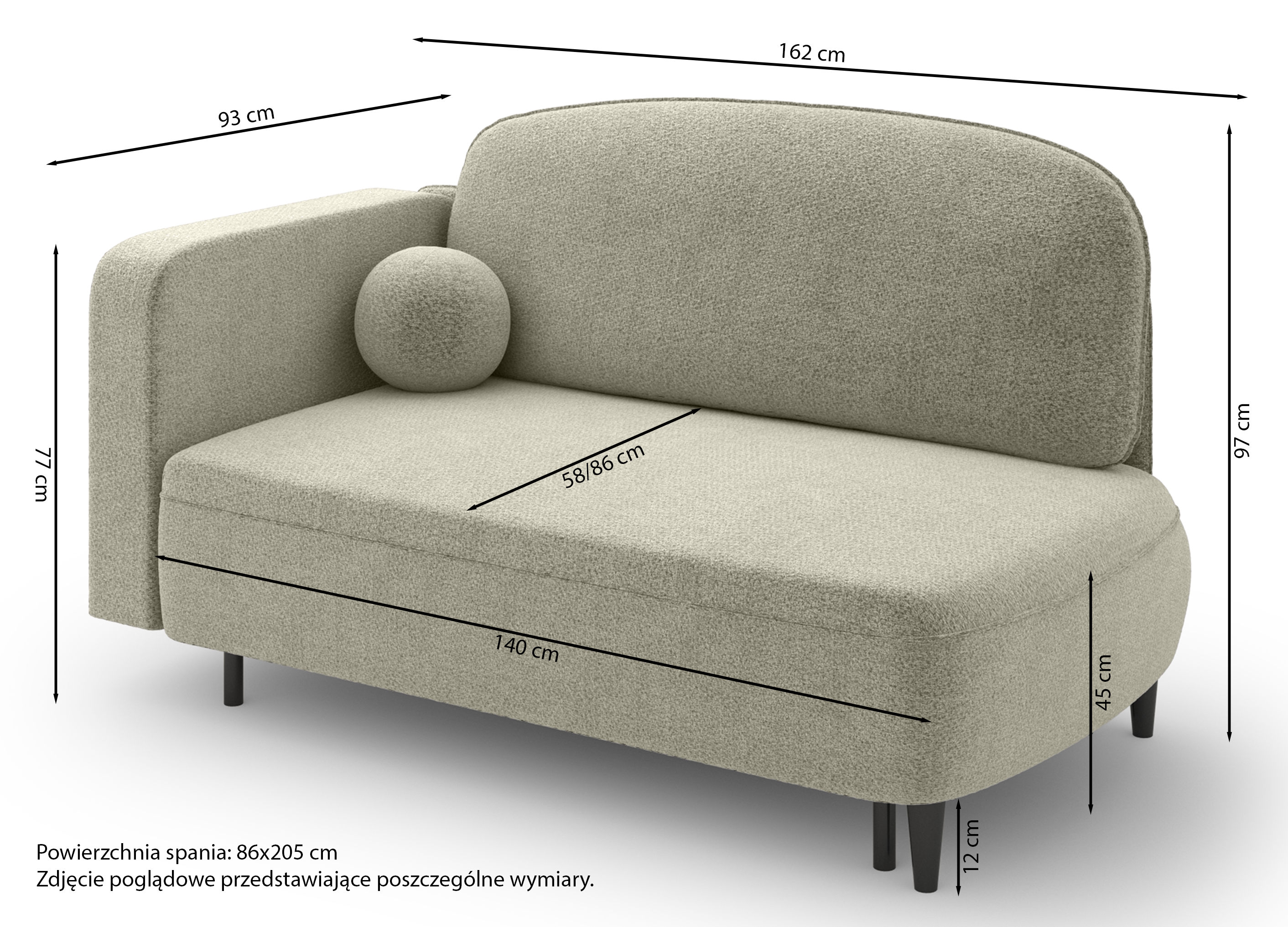 Ausziehbare Liege Pinkio rechtsseitig mit Stauraum, beige Chenille