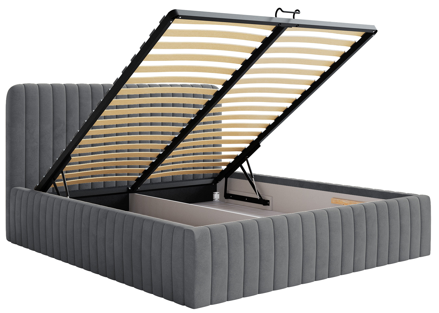 Gepolstertes Bett 180x200 cm Saliano mit Stauraum, blau-grauer hydrophober Samt