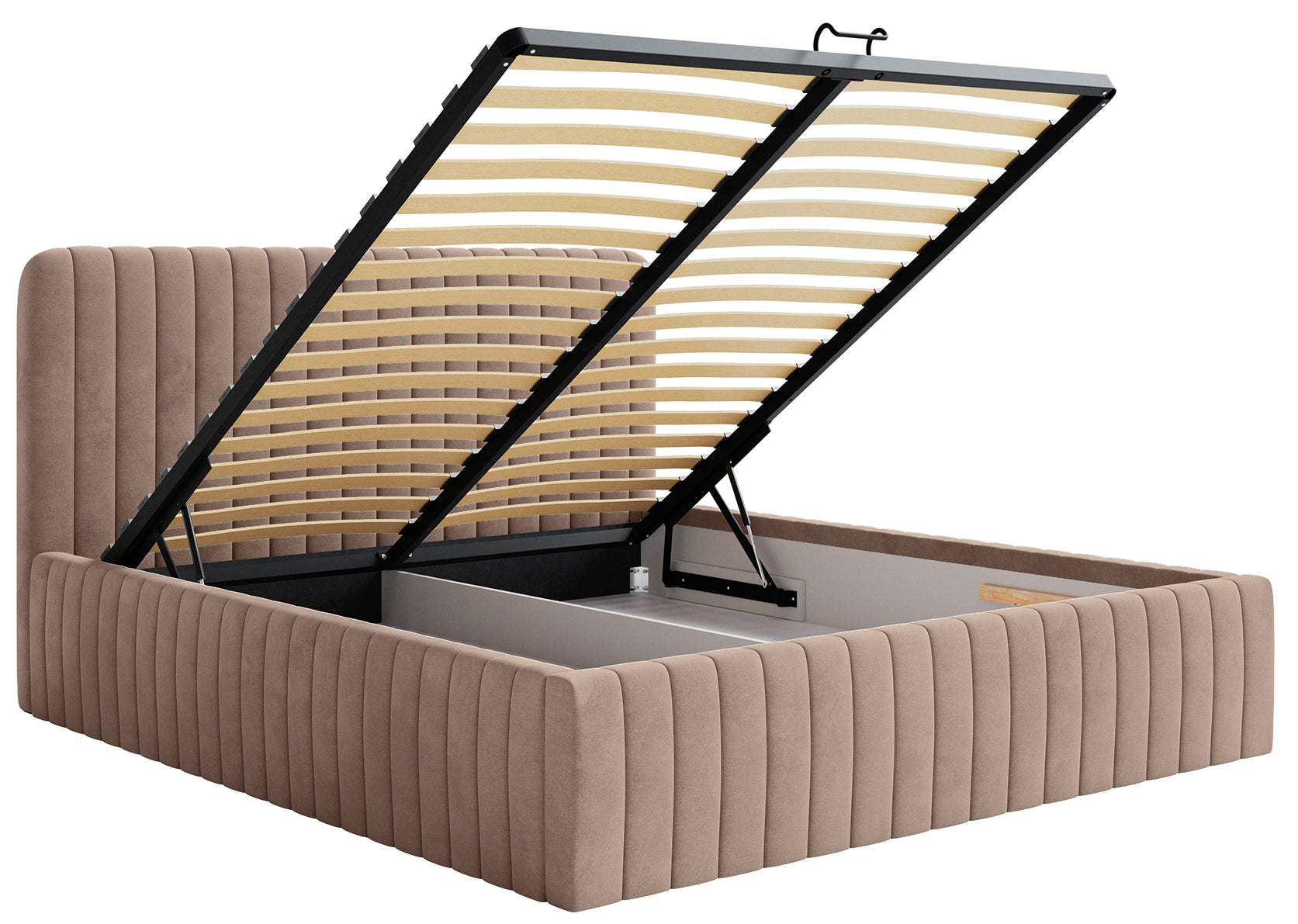 Polsterbett 180x200 cm Saliano mit Stauraum, beige, hydrophobes Samtgewebe