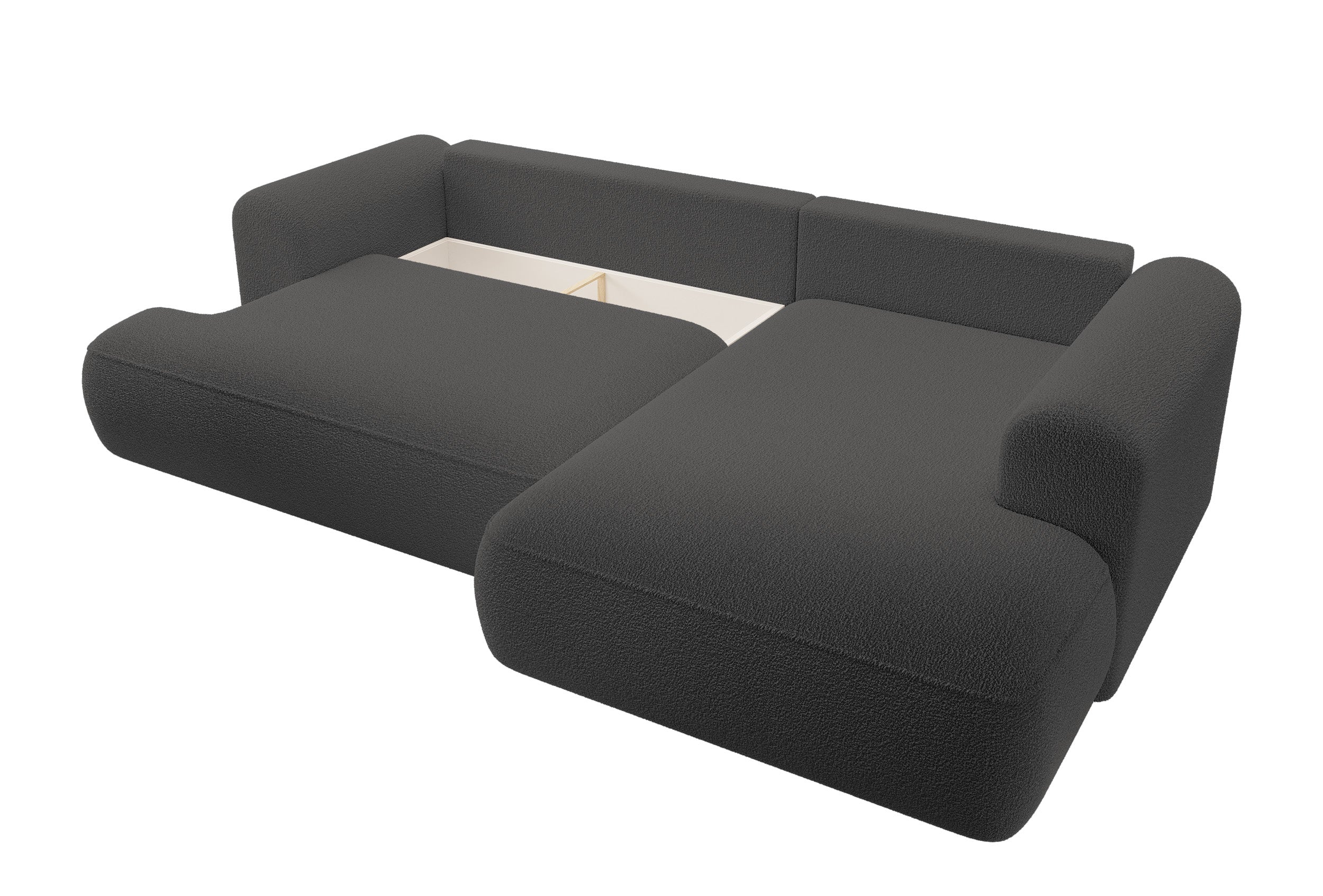 Ecksofa mit Schlaffunktion Ovo, L-förmig, mit Armlehne und Stauraum, dunkelgrauer Bouclé, rechtsseitig