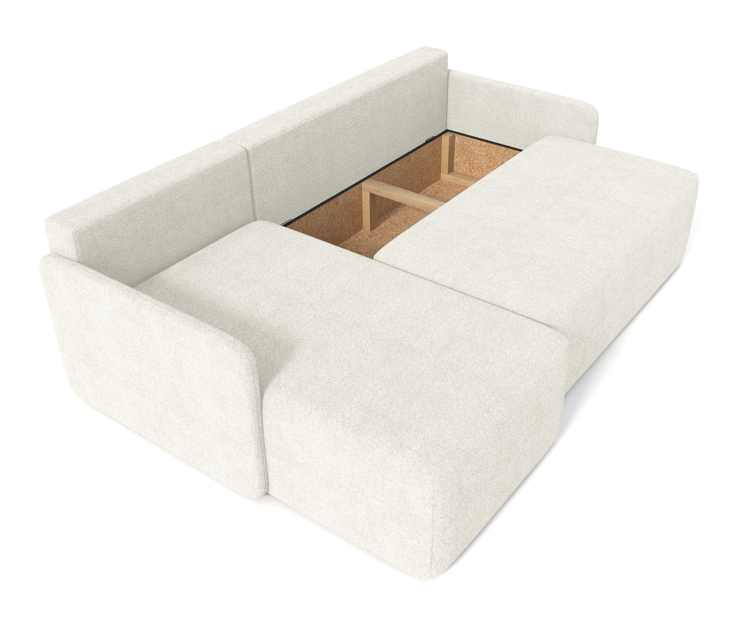 Ecksofa mit Schlaffunktion Bloom, L-förmig, mit Stauraum, cremefarbener Bouclé-Stoff, universell einsetzbar