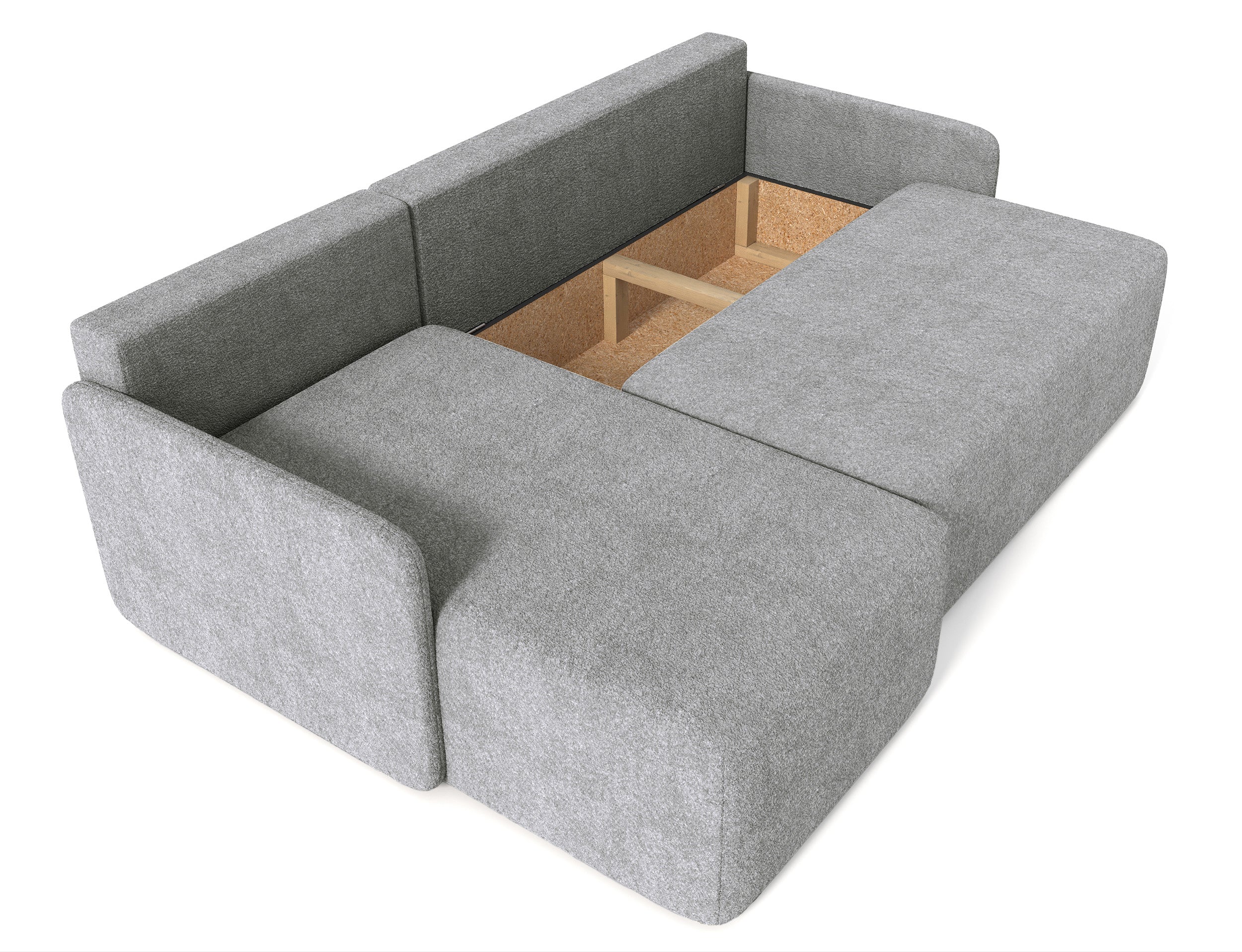 Ecksofa mit Schlaffunktion Bloom, L-förmig, mit Stauraum, grauer Bouclé, universell einsetzbar