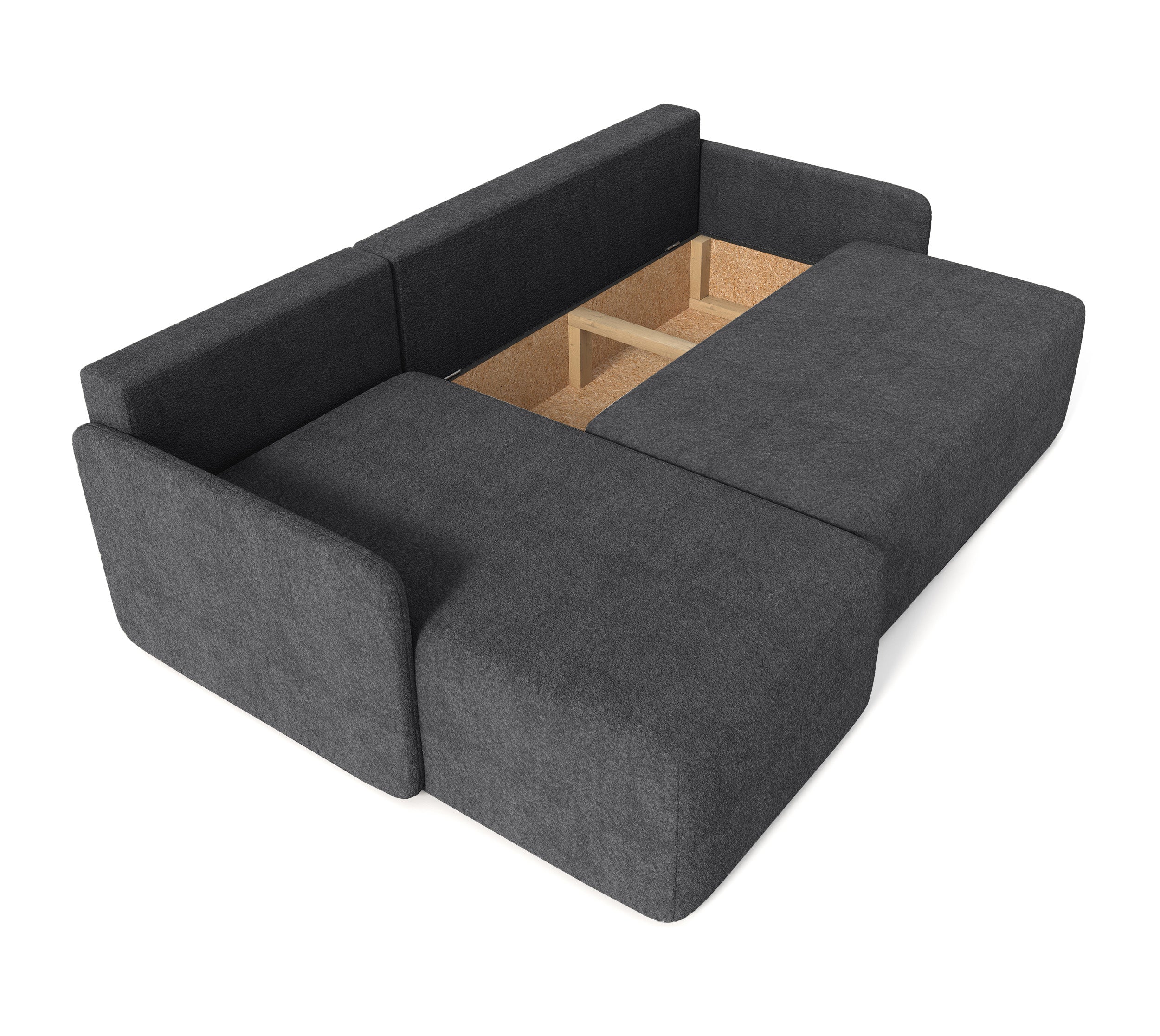 Ecksofa mit Schlaffunktion Bloom, L-förmig, mit Stauraum, grafitfarbenes Bouclé, universell einsetzbar