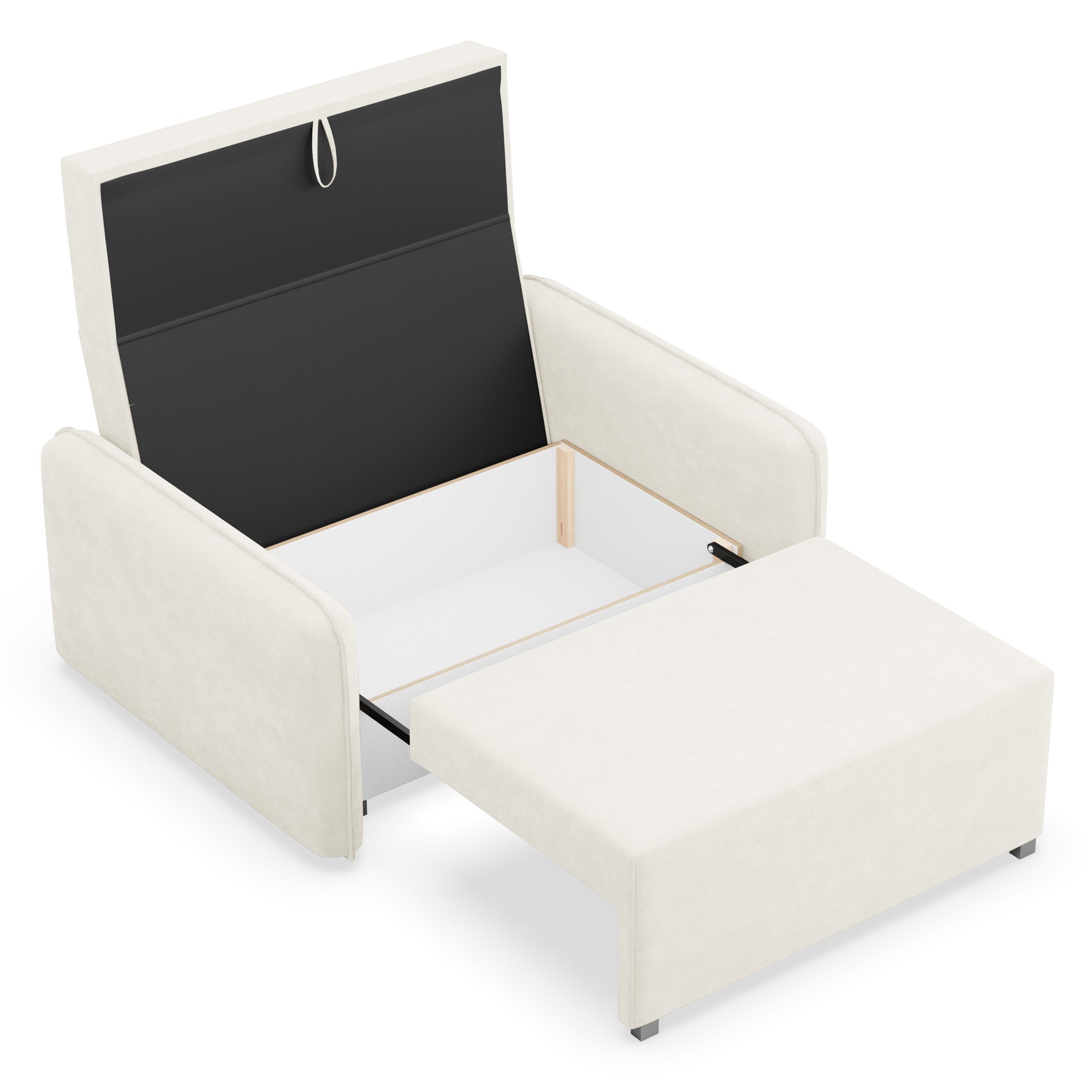Zweisitziges ausklappbares Sofa Duelia mit Stauraum, cremefarben, hydrophobes Chenille