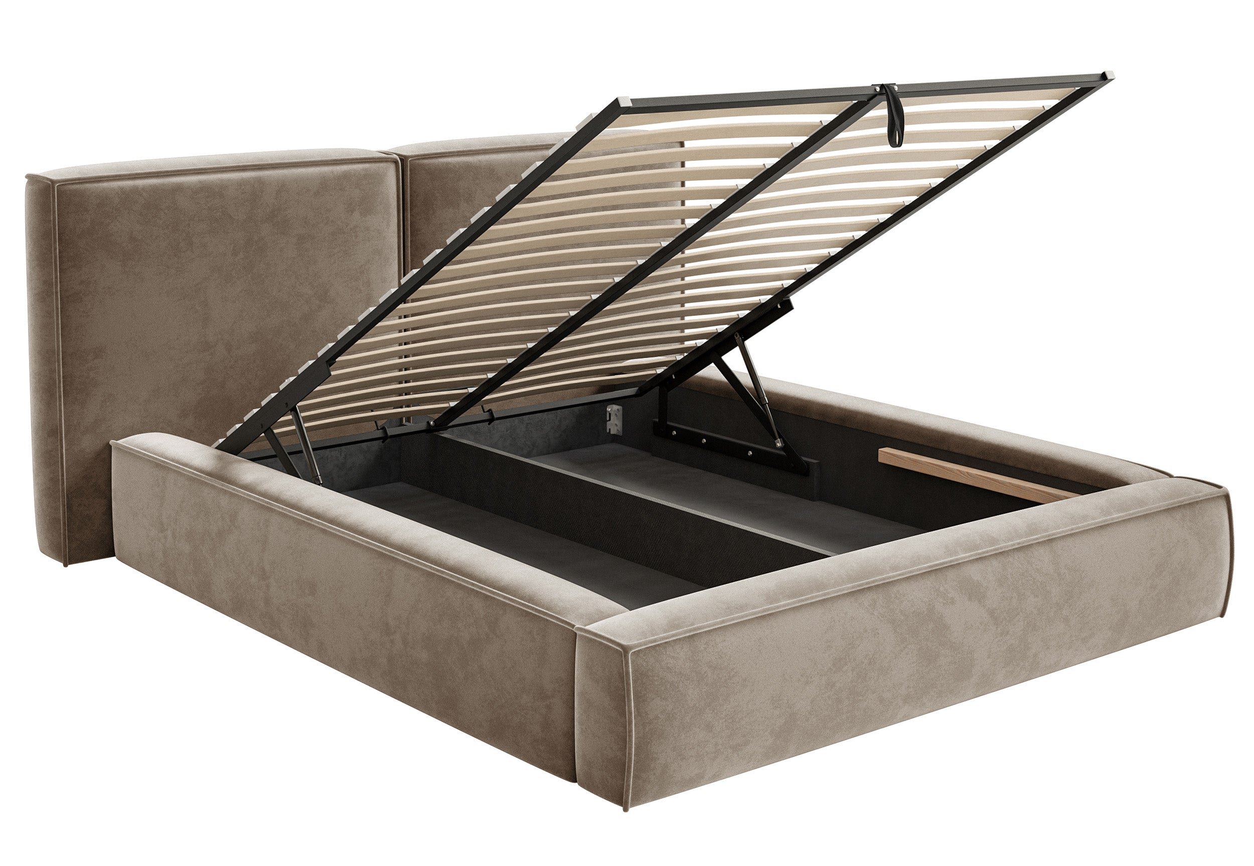 Gepolstertes Bett 180x200 cm Tilves mit Stauraum, Metallrahmen, hellbrauner Samt