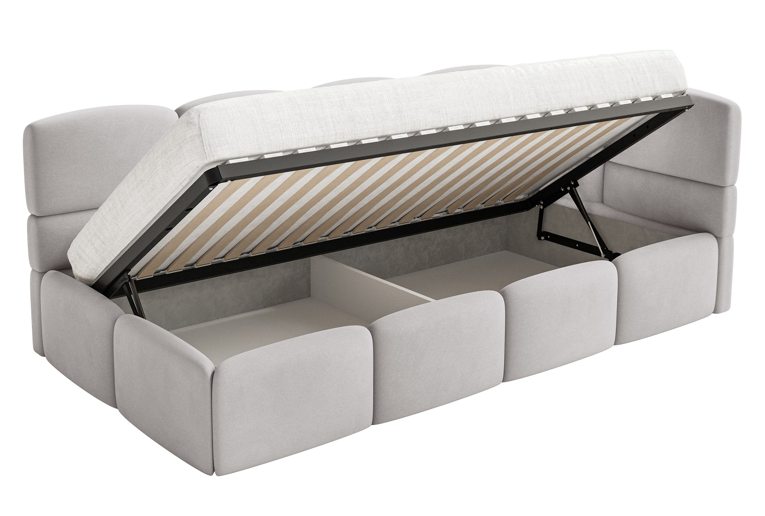 Jugendbett 90x200 cm Cloudy rechtsseitig mit Stauraum und hellgrauen, wasserabweisenden, leicht zu reinigenden Samt-Gittern