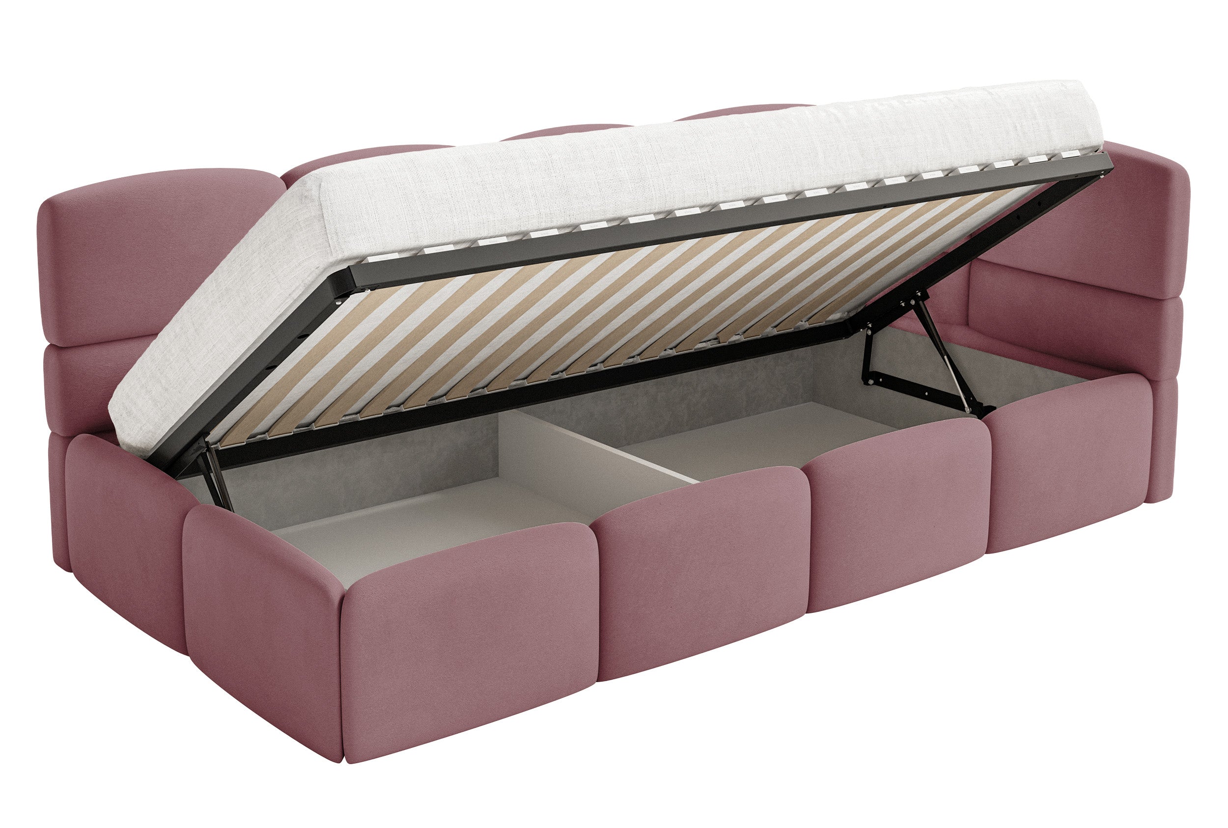 Jugendbett 90x200 cm Cloudy rechtsseitig mit Matratze, Stauraum und Geländern, rosa Velours, wasserabweisend und leicht zu reinigen
