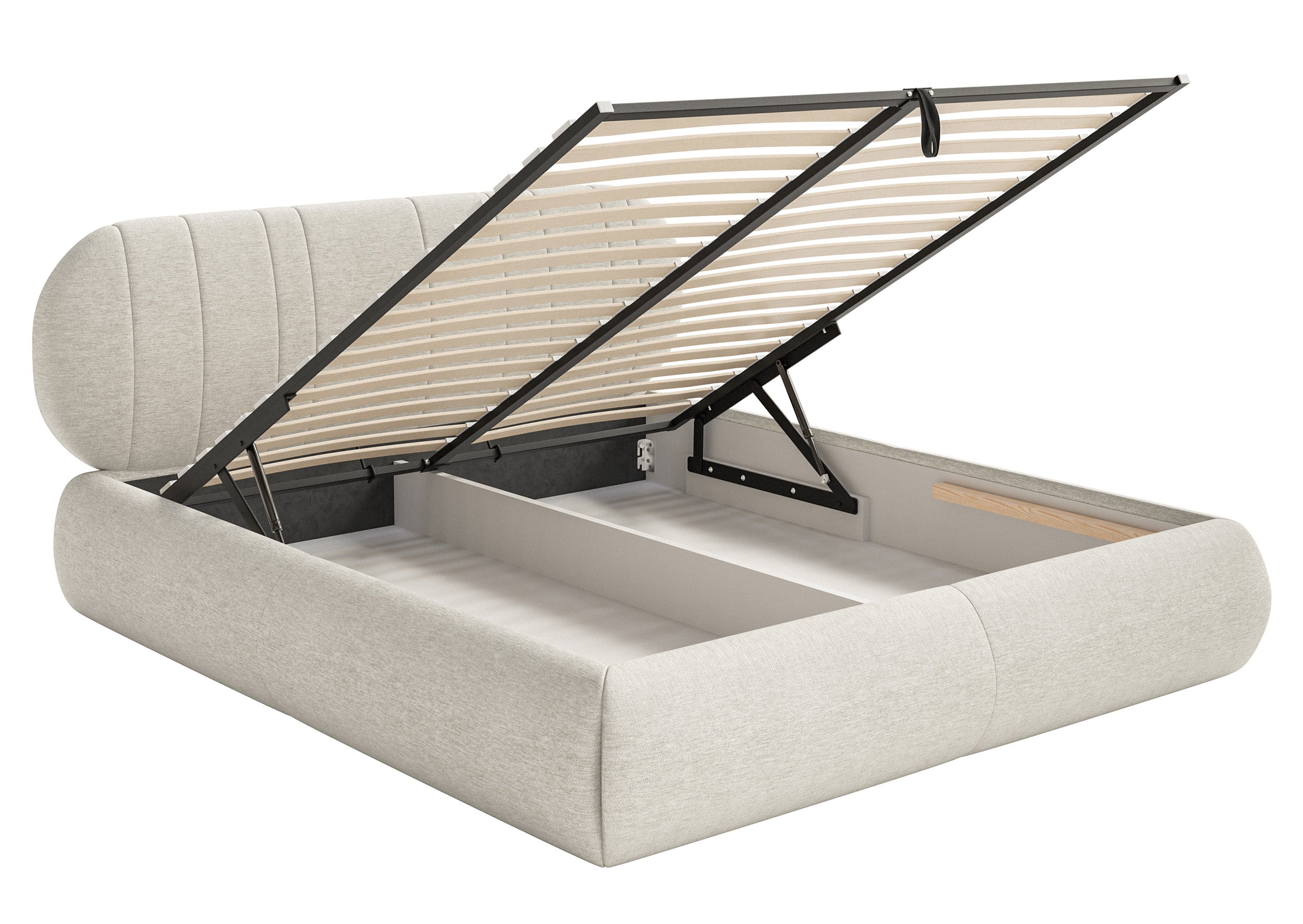 Gepolstertes Bett 160x200 cm Asmelio mit Stauraum, Metallrahmen, cremefarbenes Geflecht