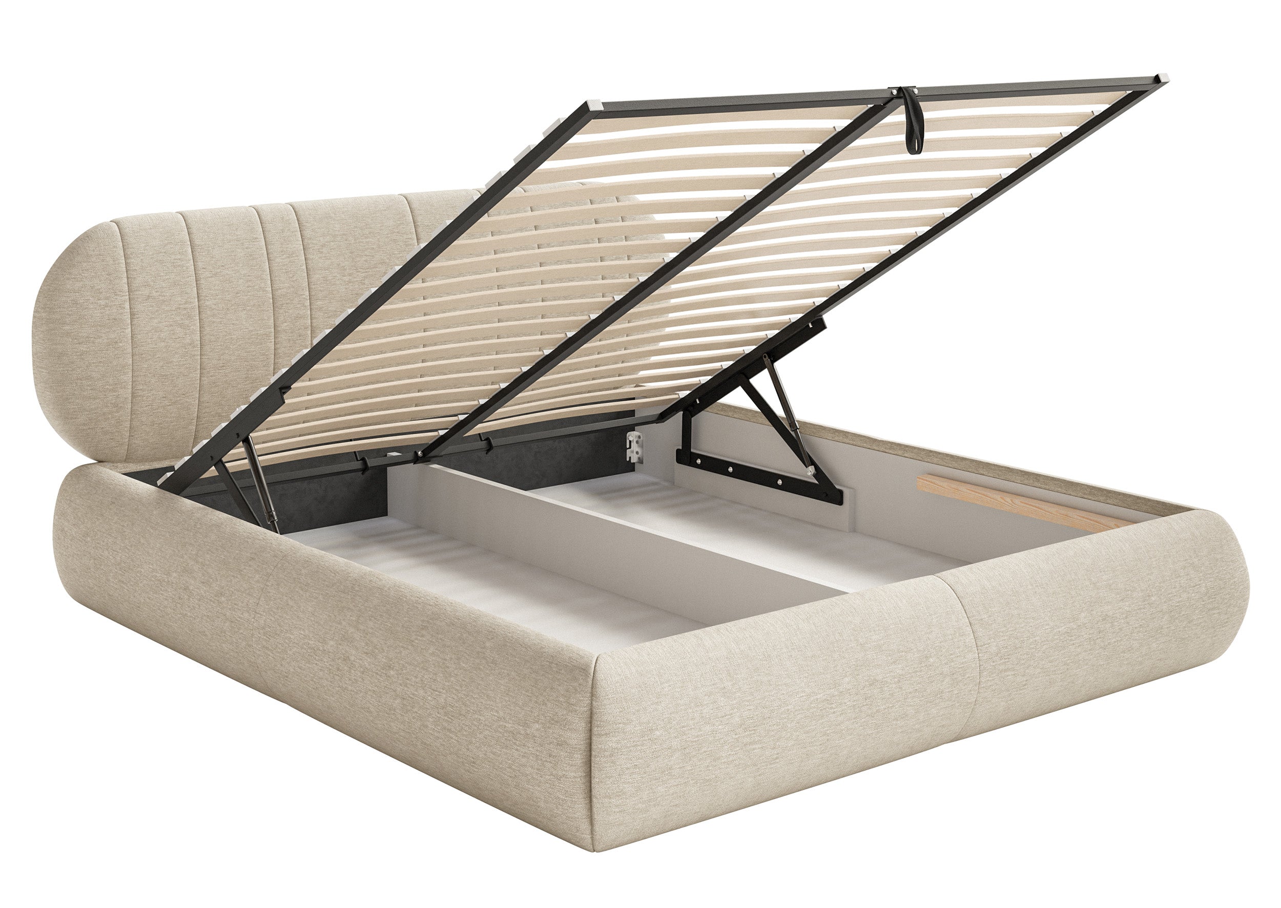 Polsterbett 180x200 cm Asmelio mit Stauraum, Metallrahmen, beige Geflecht