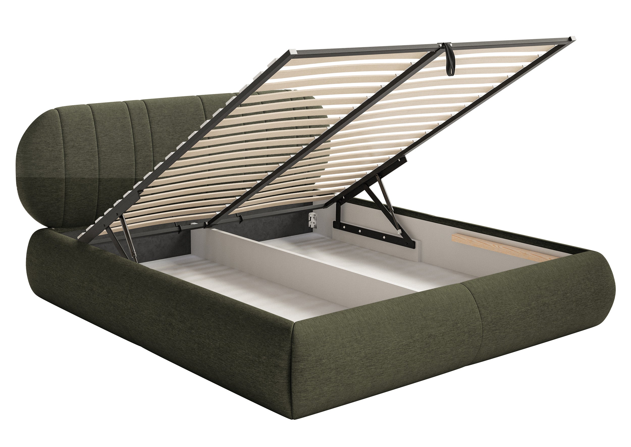 Gepolstertes Bett 160x200 cm Asmelio mit Stauraum, Metallrahmen, khakifarbenes Geflecht