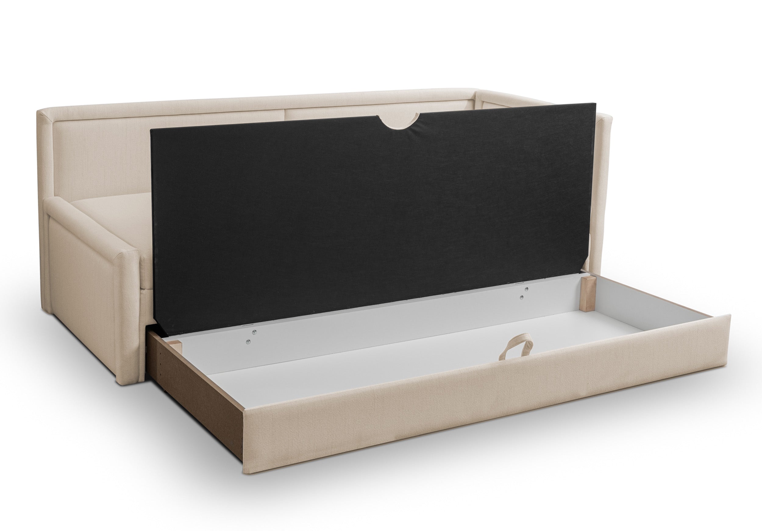 Jugendbett Caprili mit Aufbewahrungsbox, hellbeige, Flechtmuster, universell einsetzbar