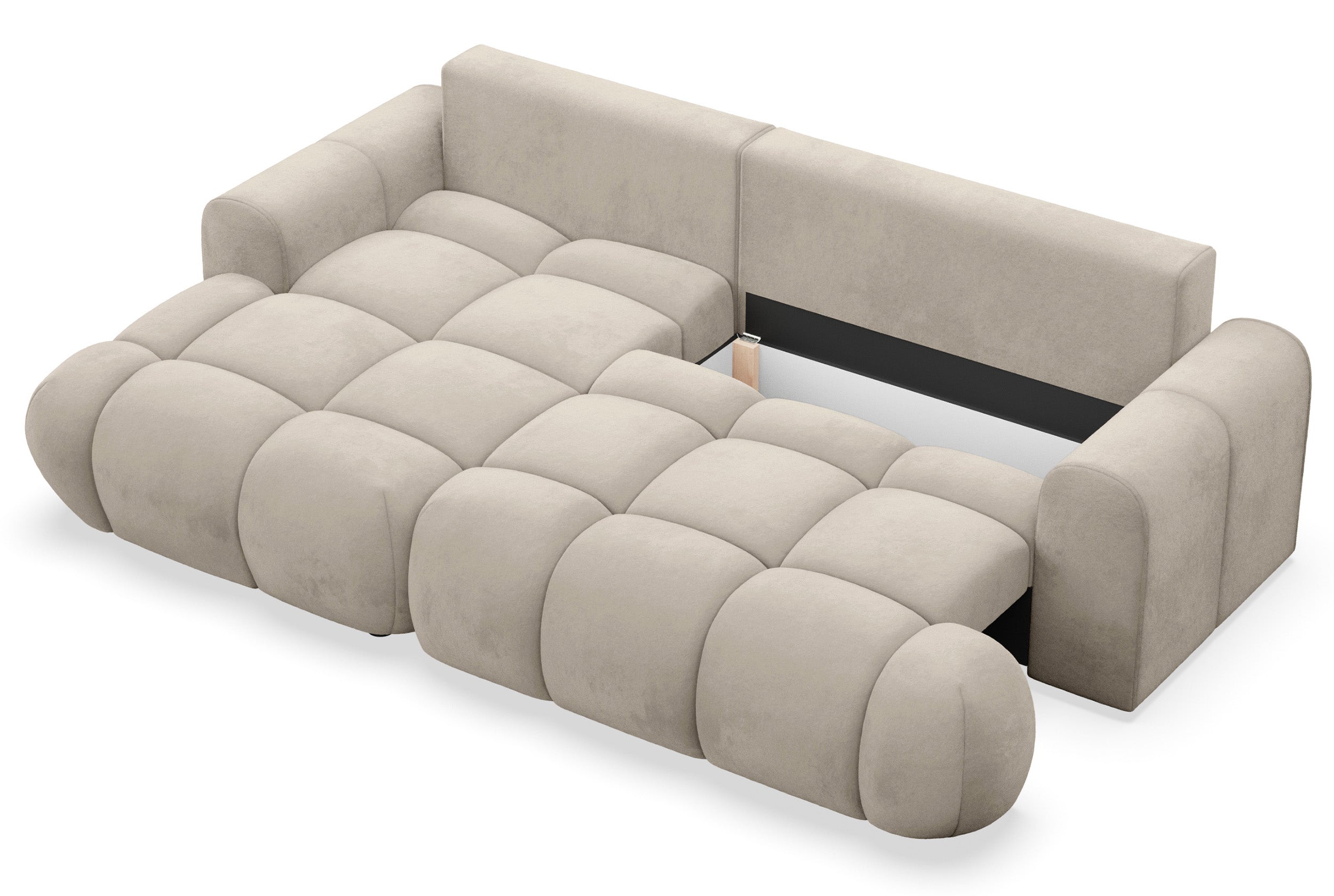 Ecksofa mit Schlafunktion Ombo Mini, L-förmig, linksseitig, mit Stauraum, beige, wasserabweisender Samt