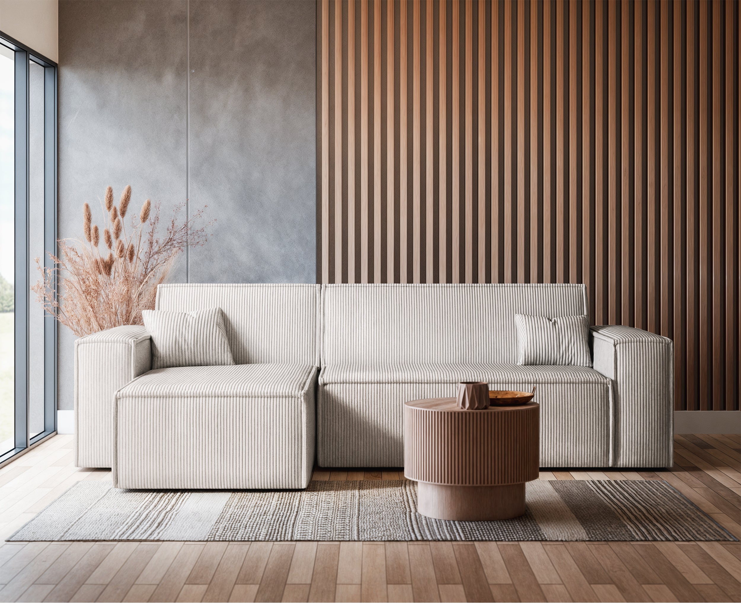 Ecksofa mit Schlafunktion Scarlo, L-förmig, mit Stauraum, universell, hellbeige Cordstoff