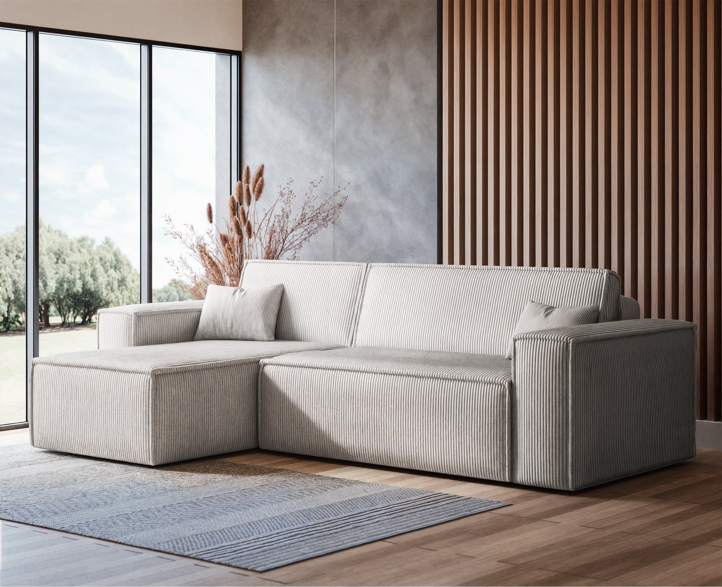 Ecksofa mit Schlafunktion Scarlo, L-förmig, mit Stauraum, universell, hellbeige Cordstoff