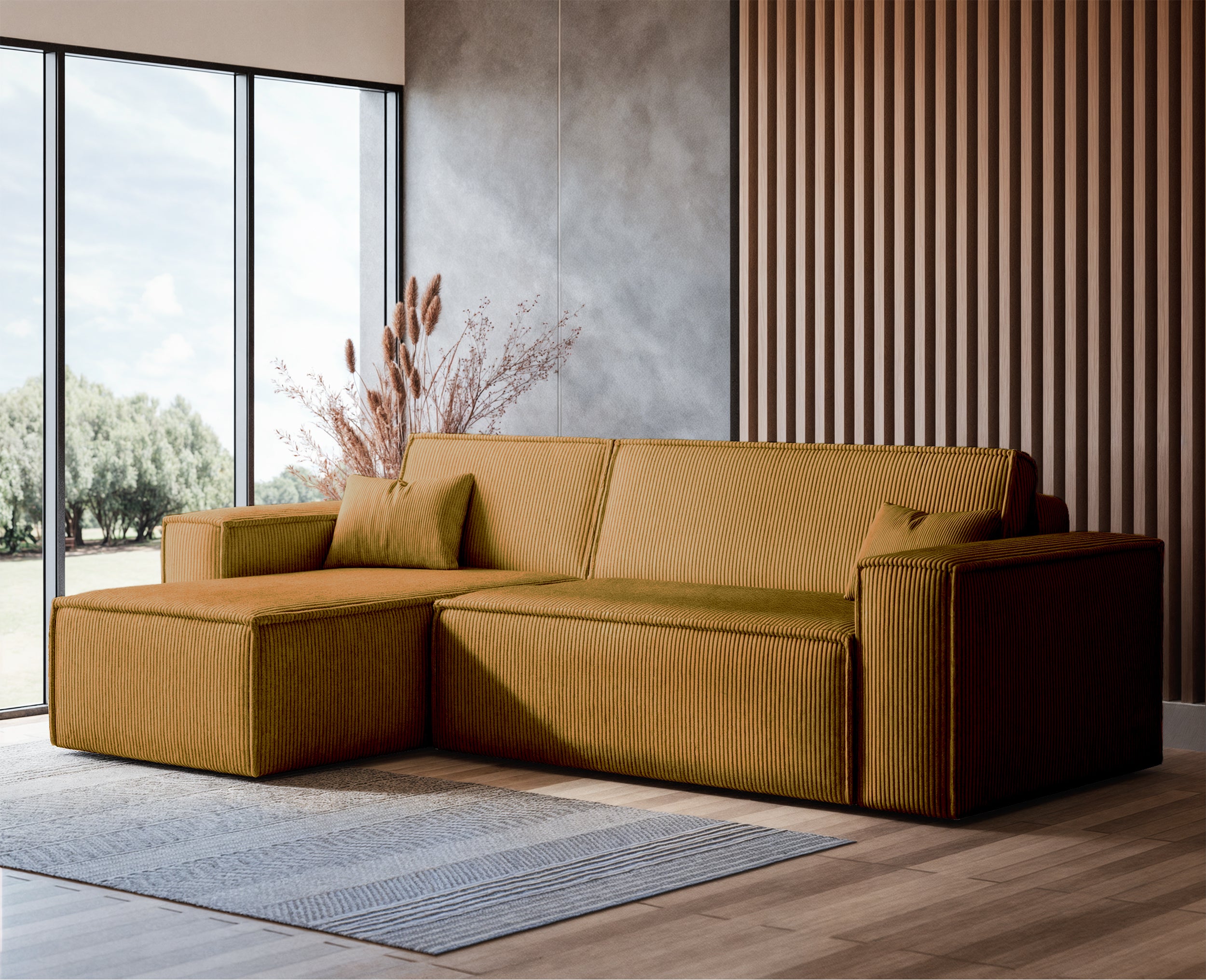 Ecksofa mit Schlafunktion Scarlo, L-förmig, mit Stauraum, universell, senfgelber Cordstoff