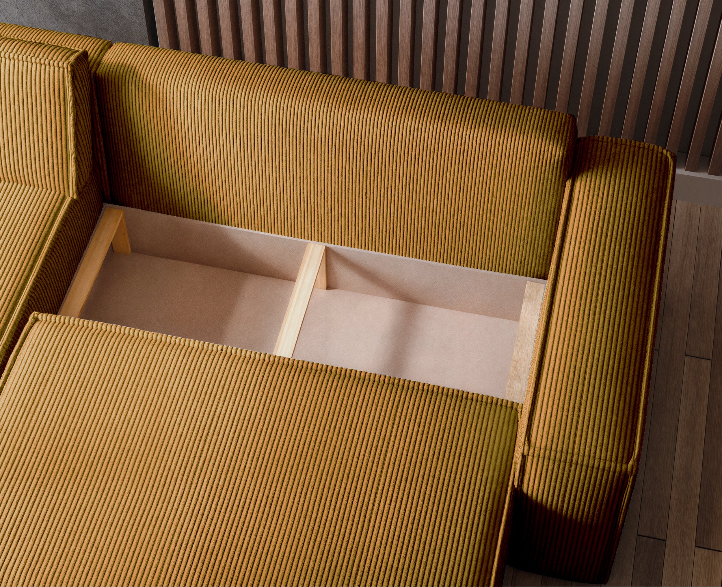 Ecksofa mit Schlafunktion Scarlo, L-förmig, mit Stauraum, universell, senfgelber Cordstoff