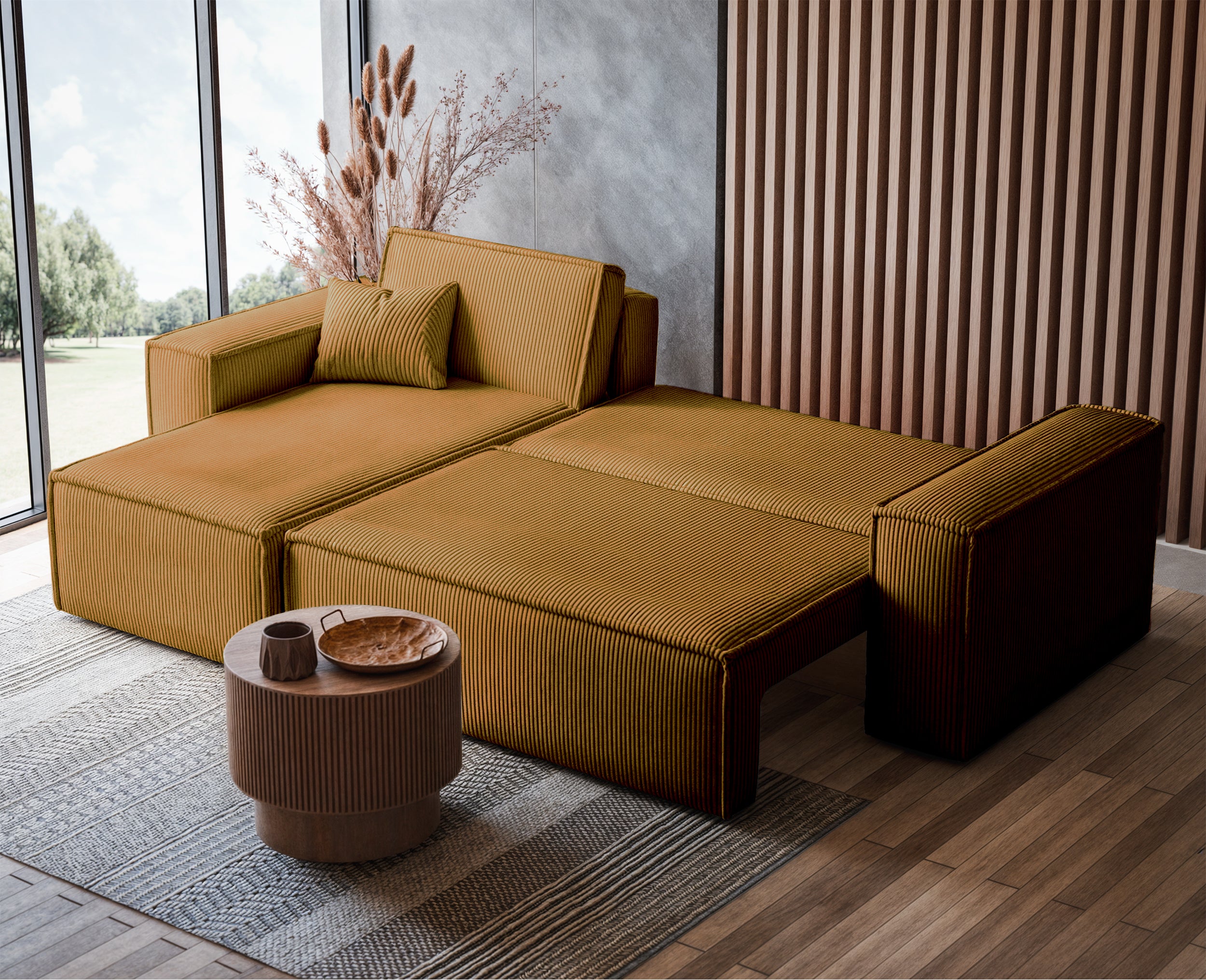 Ecksofa mit Schlafunktion Scarlo, L-förmig, mit Stauraum, universell, senfgelber Cordstoff