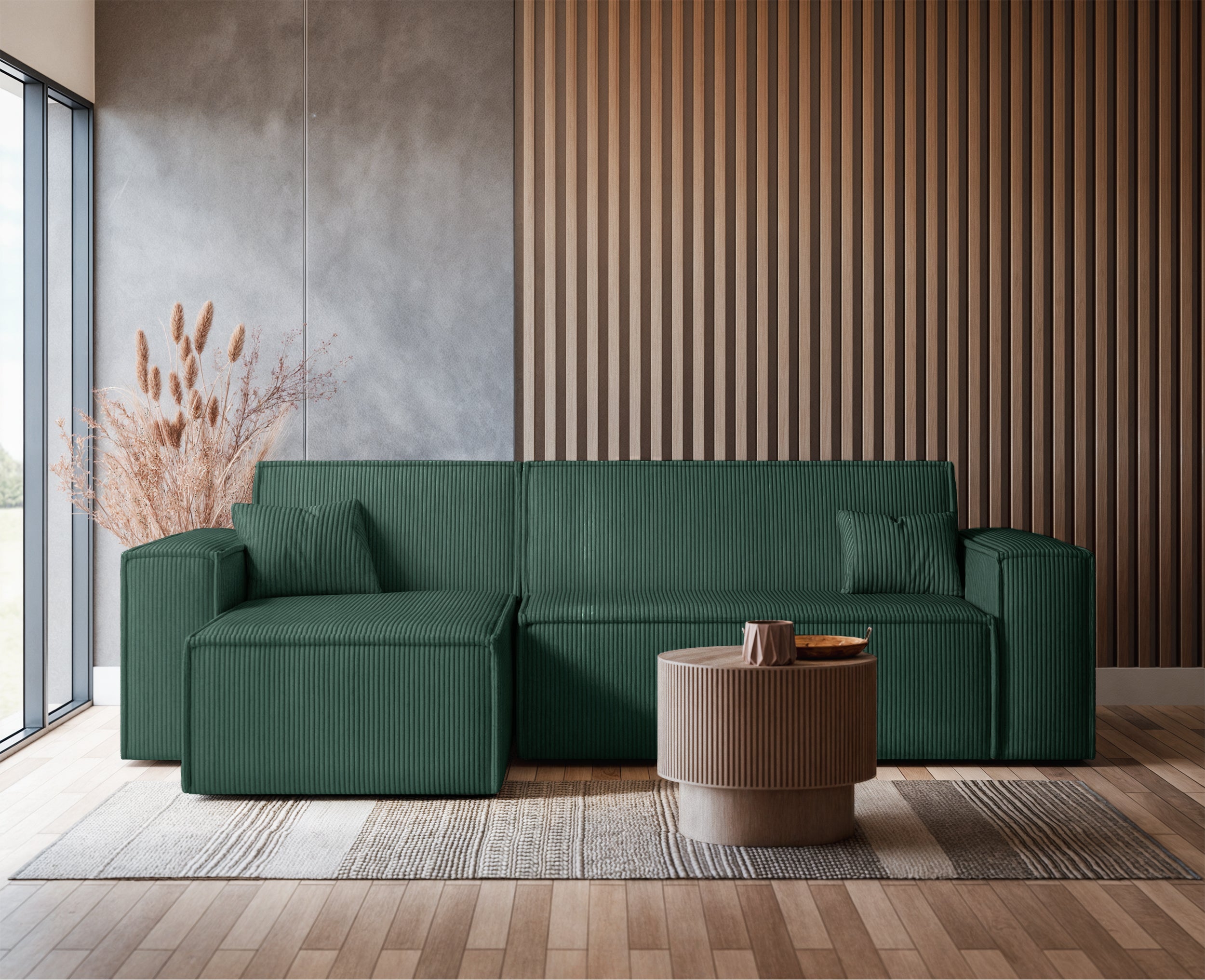Ecksofa mit Schlaffunktion Scarlo, L-förmig, mit Stauraum, universell, dunkelgrüner Cordstoff