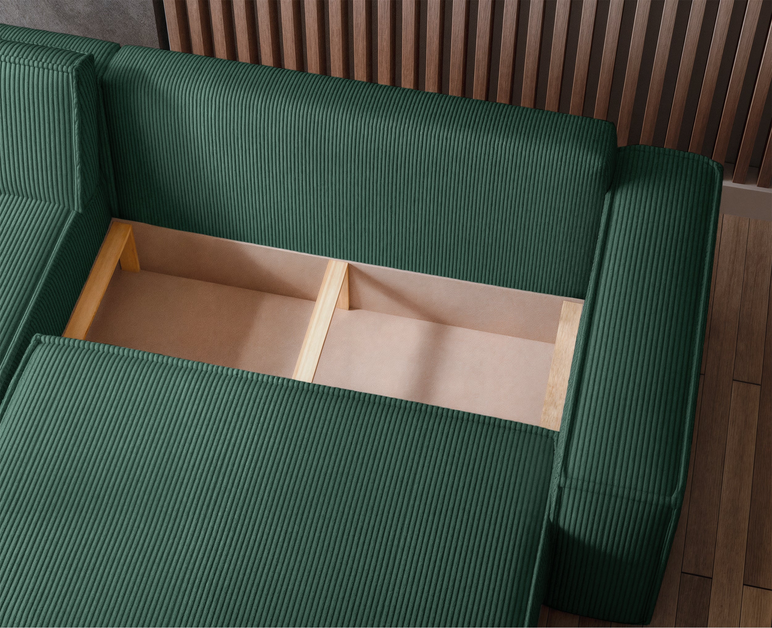 Ecksofa mit Schlaffunktion Scarlo, L-förmig, mit Stauraum, universell, dunkelgrüner Cordstoff