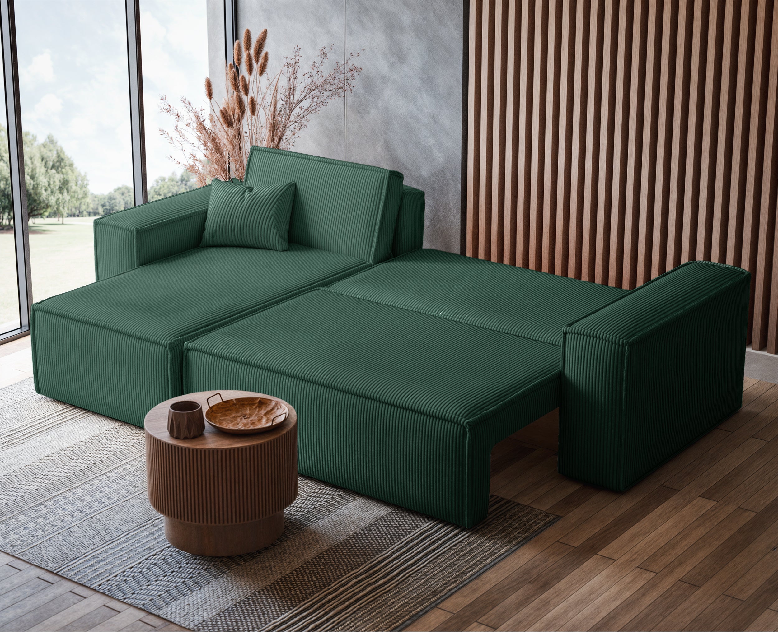 Ecksofa mit Schlaffunktion Scarlo, L-förmig, mit Stauraum, universell, dunkelgrüner Cordstoff