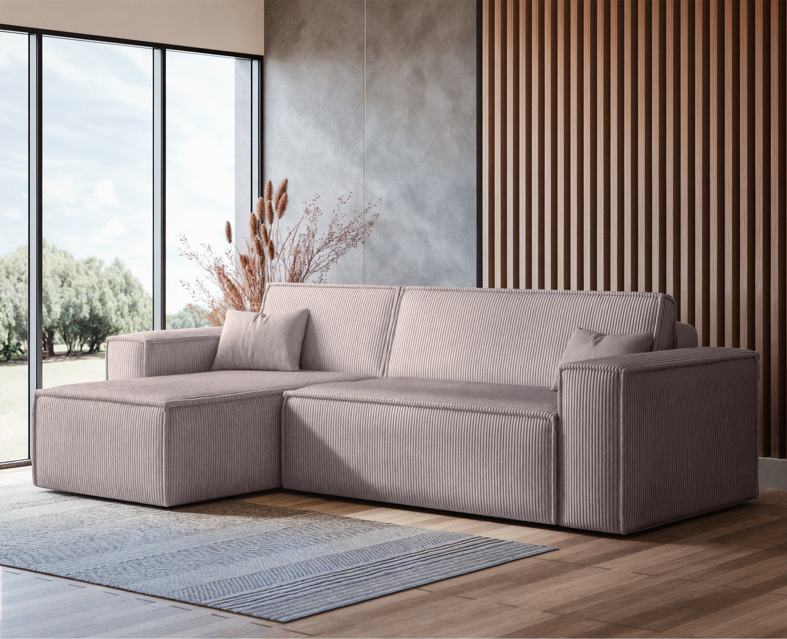 Ecksofa mit Schlaffunktion Scarlo, L-förmig, mit Stauraum, universell, beige Cordstoff