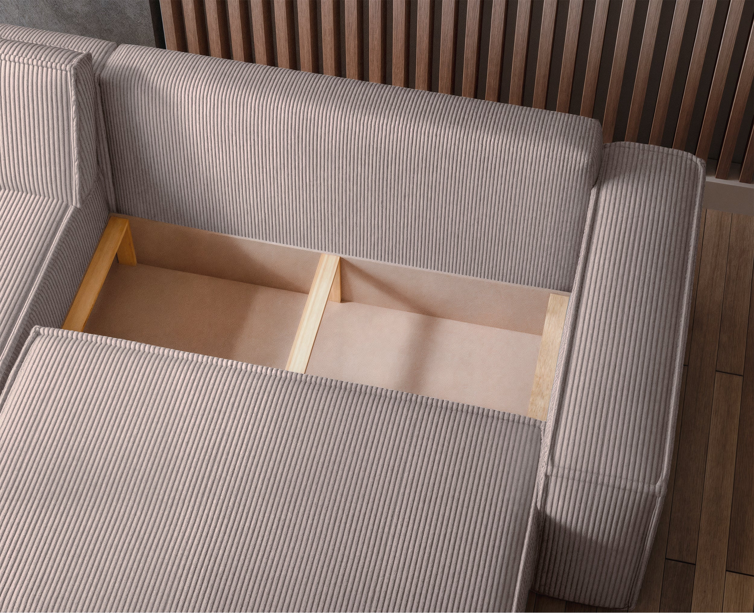 Ecksofa mit Schlaffunktion Scarlo, L-förmig, mit Stauraum, universell, beige Cordstoff