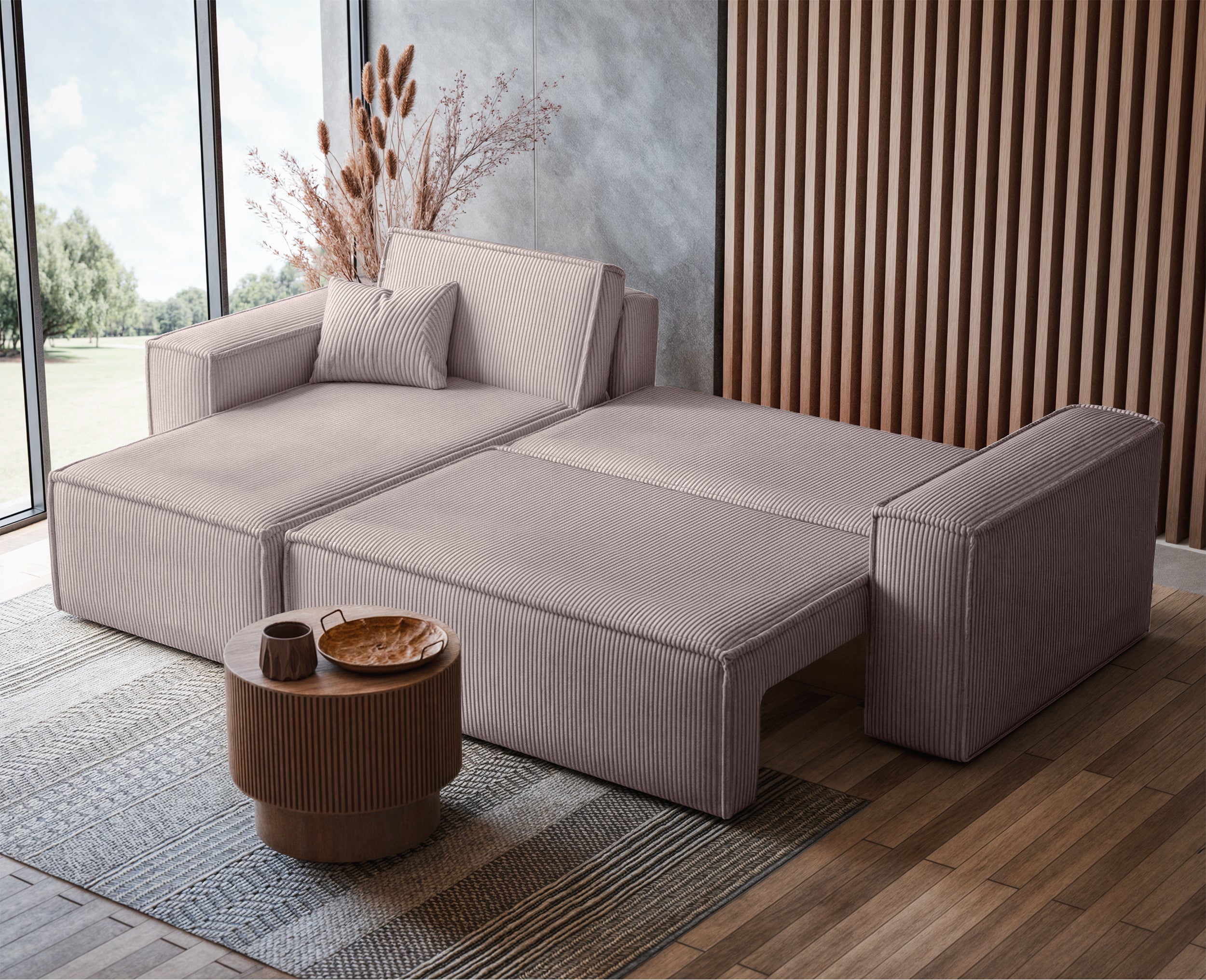 Ecksofa mit Schlaffunktion Scarlo, L-förmig, mit Stauraum, universell, beige Cordstoff