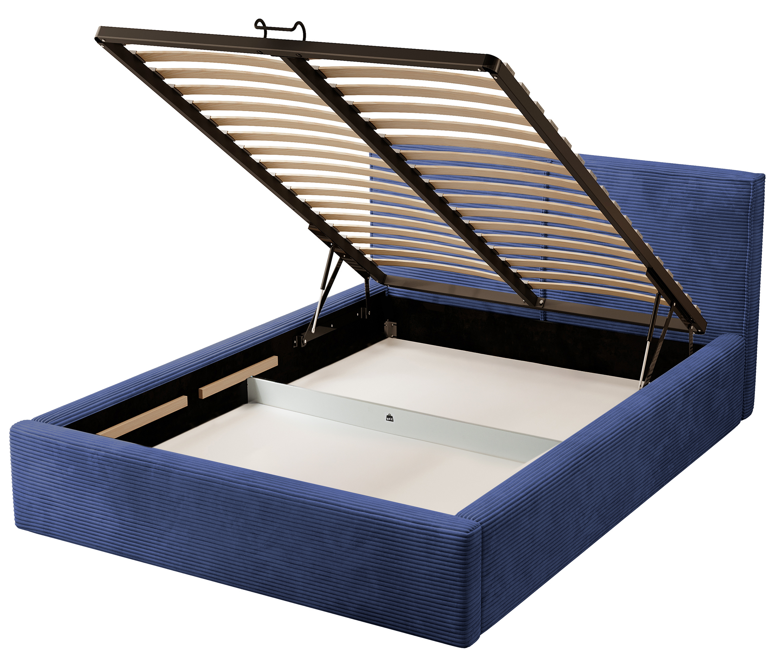 Polsterbett 180x200 cm Farese mit Stauraum und Gasdruckfeder, marineblauer Cord