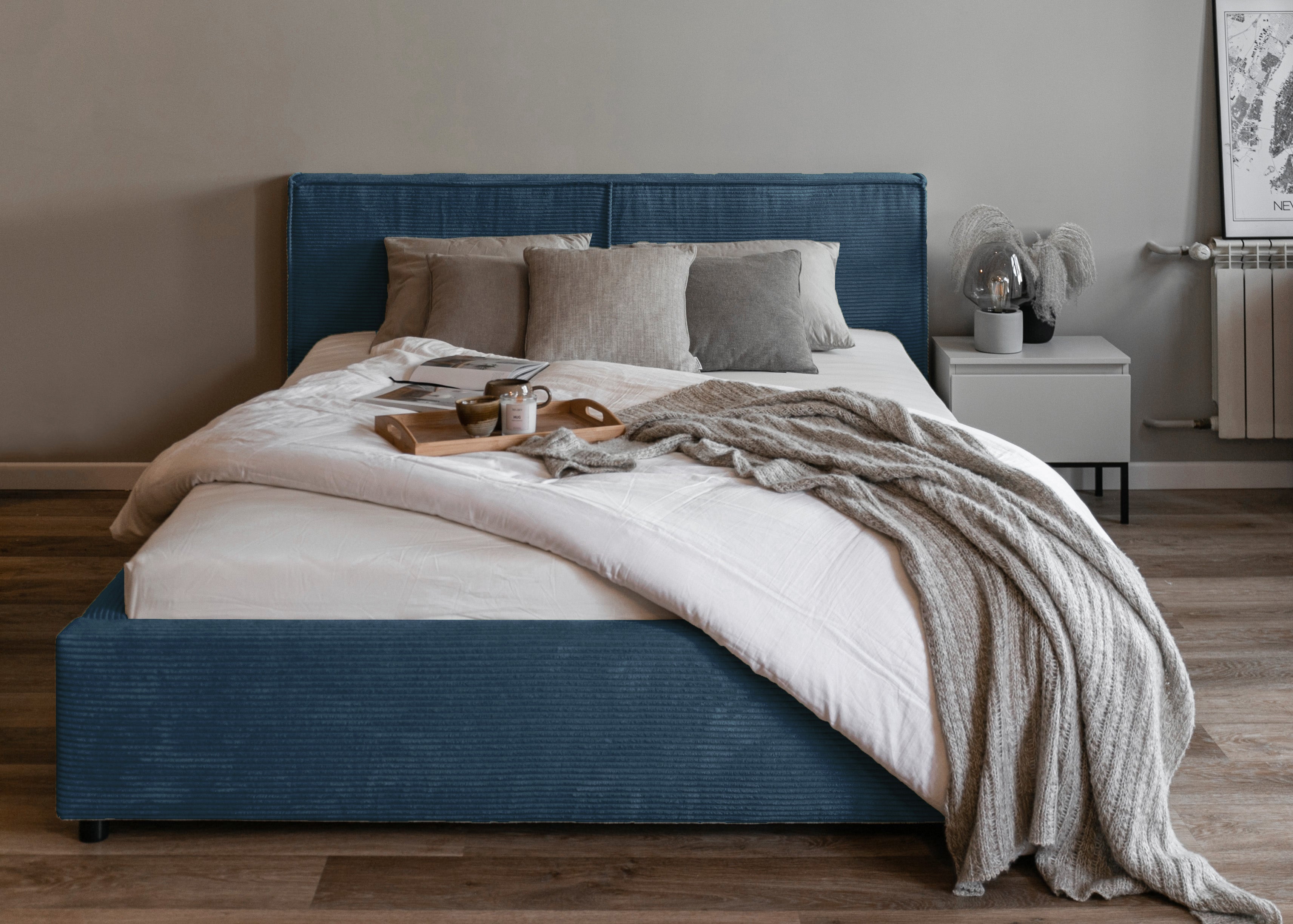 Polsterbett 160x200 cm Farese mit Stauraum und Gasdruckfeder, dunkelblauer Cord