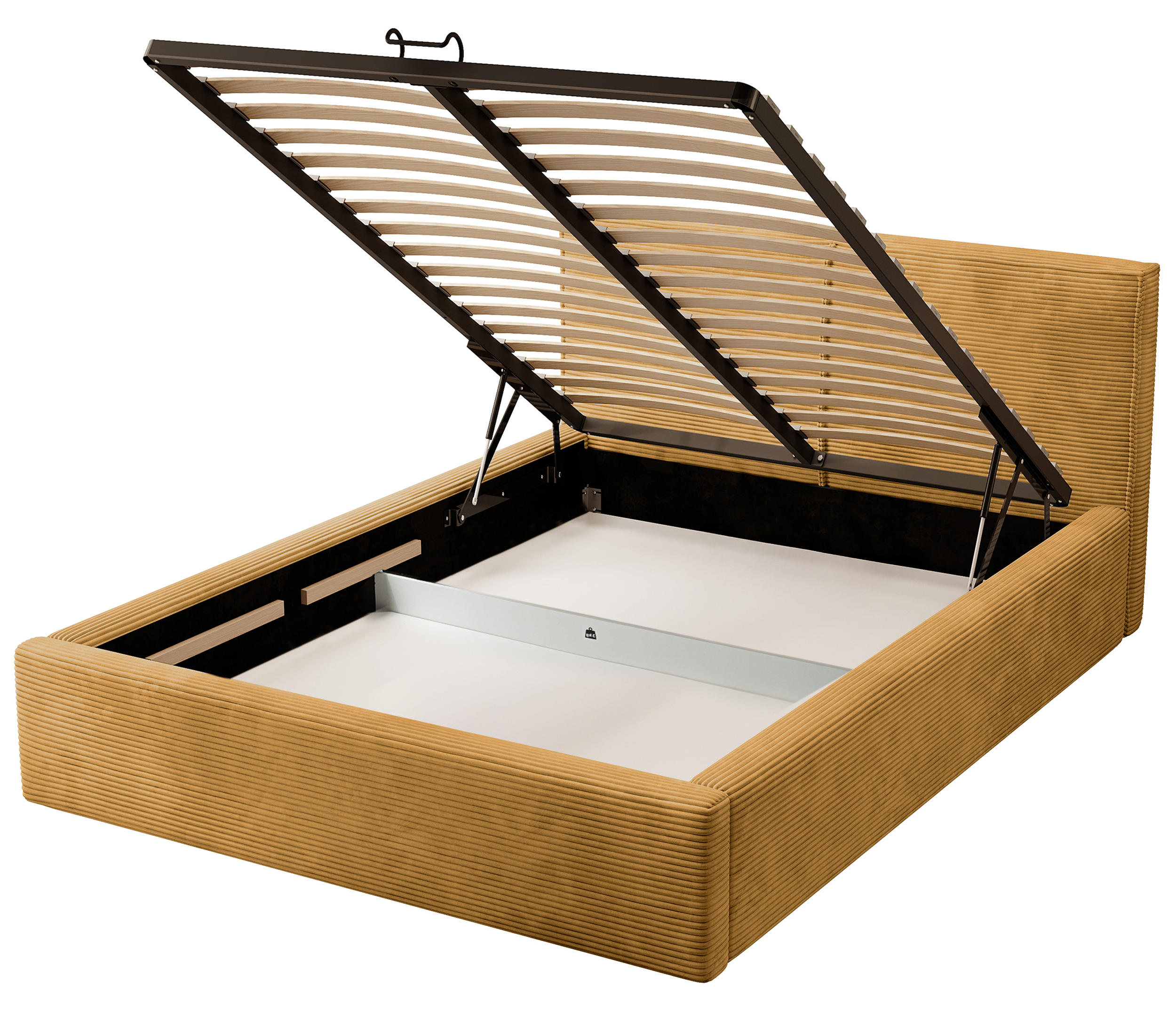 Gepolstertes Bett 160x200 cm Farese mit Stauraum und Gasdruckfeder, senfgelb Cord