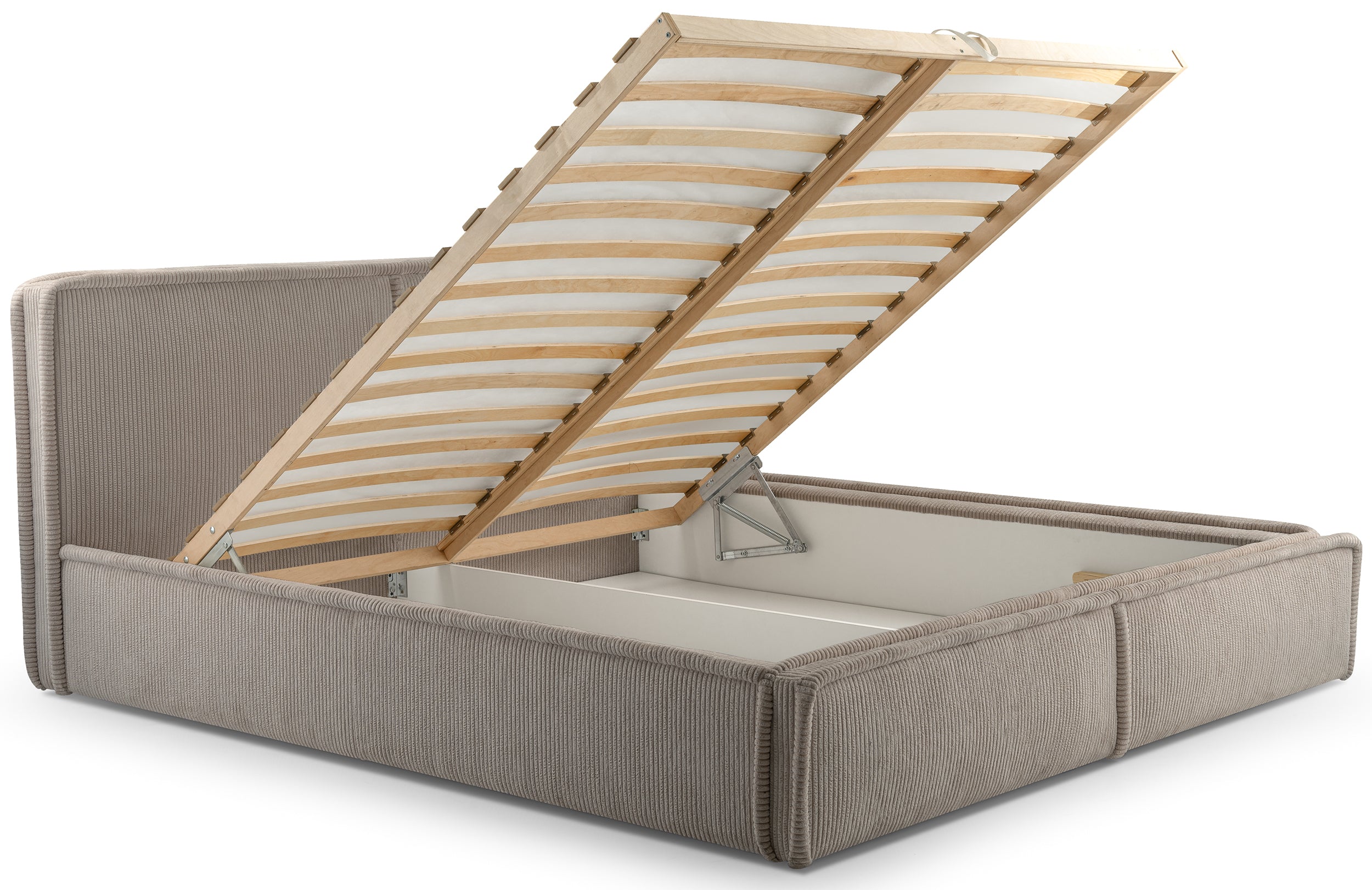 Gepolstertes Bett 160x200 cm Cordo mit Stauraum, Holzlattenrost, beige Cordstoff