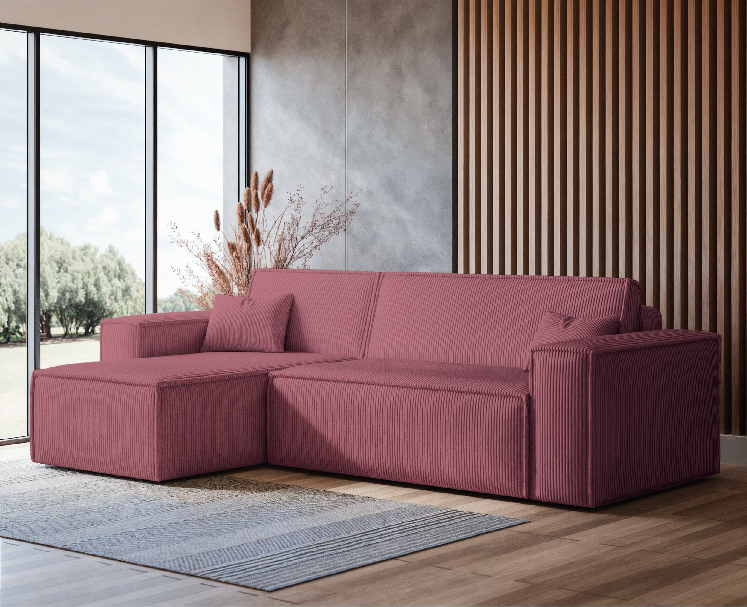 Ecksofa mit Schlaffunktion Scarlo, L-förmig, mit Stauraum, universell, dunkelrosa Cordstoff