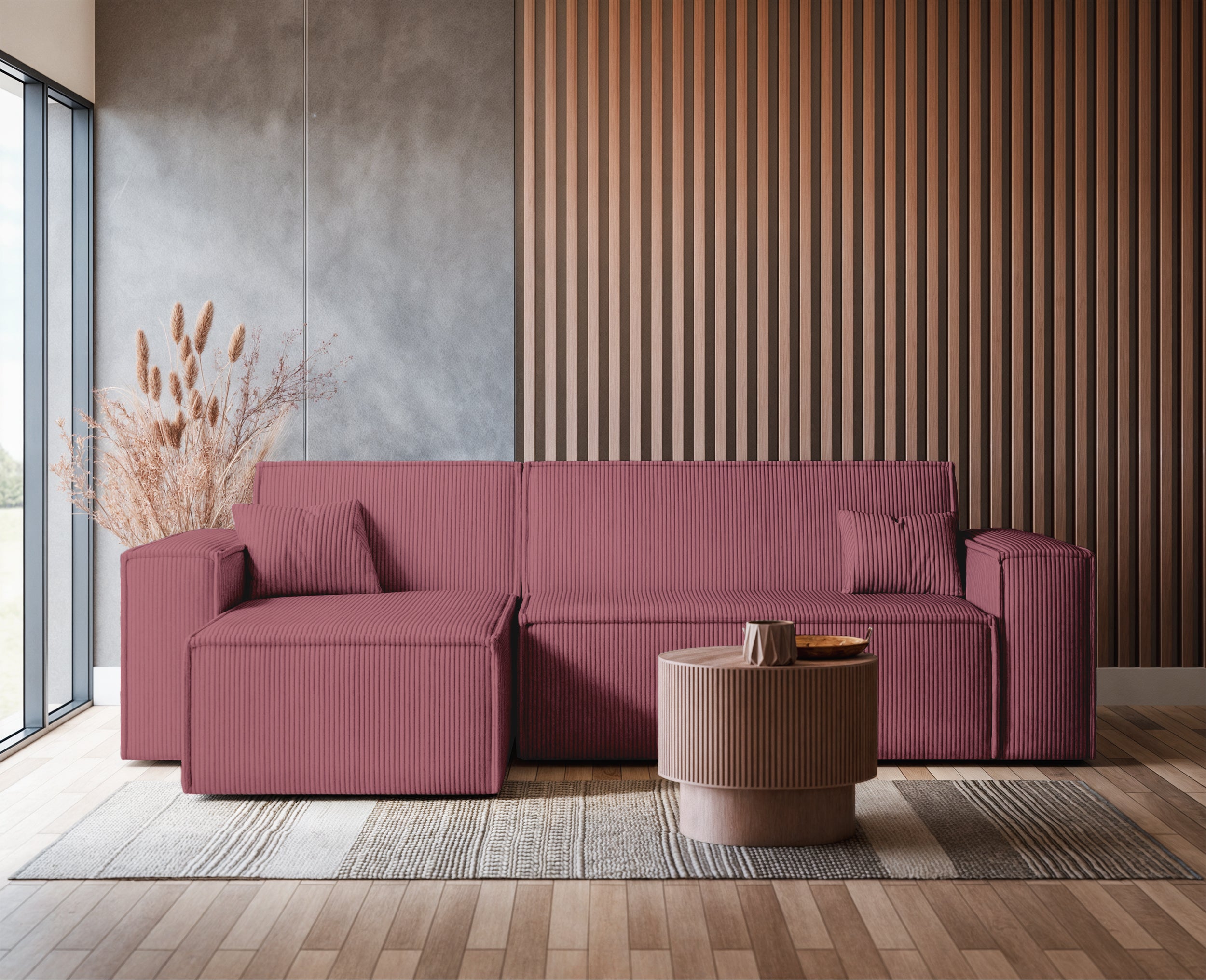Ecksofa mit Schlaffunktion Scarlo, L-förmig, mit Stauraum, universell, dunkelrosa Cordstoff