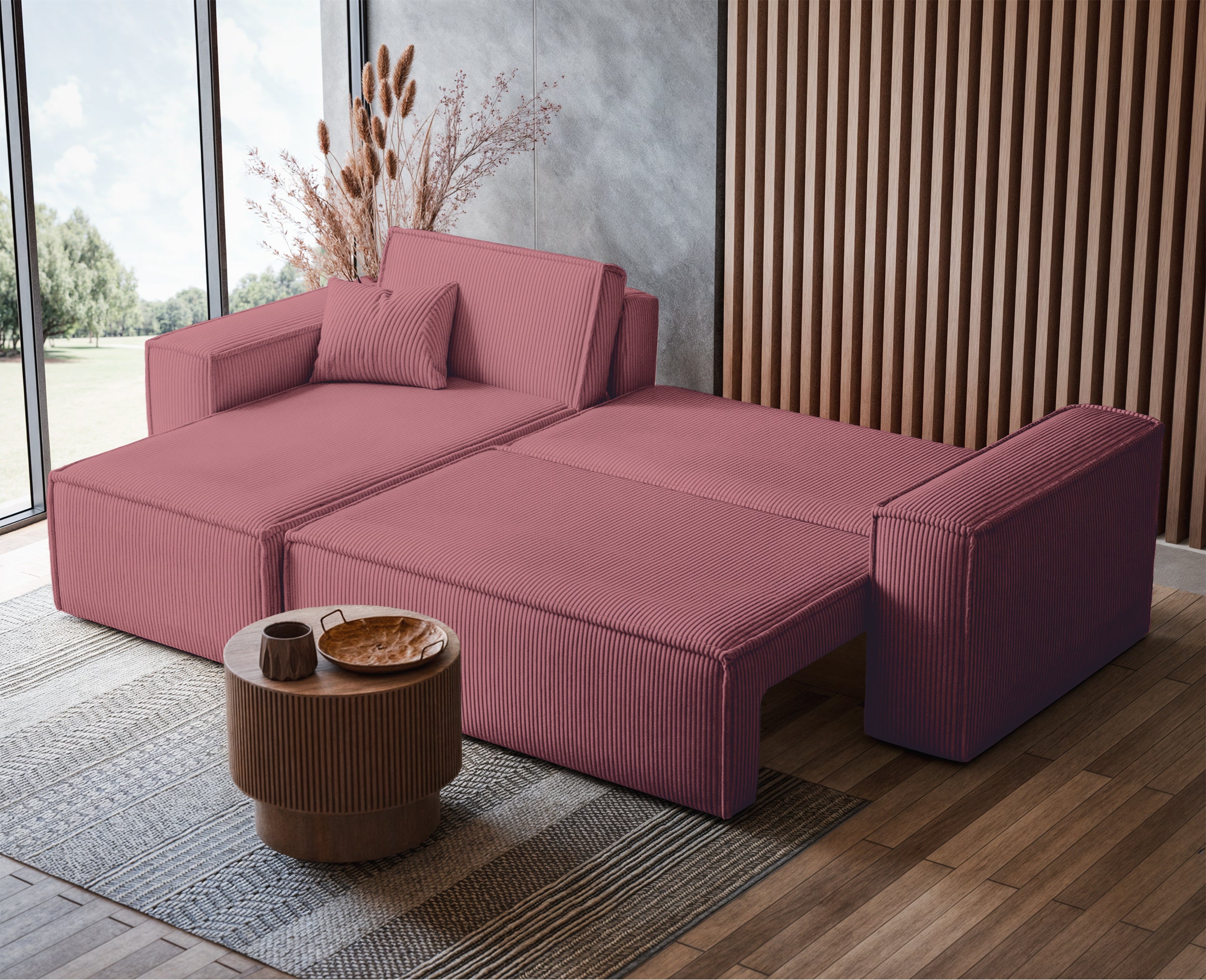 Ecksofa mit Schlaffunktion Scarlo, L-förmig, mit Stauraum, universell, dunkelrosa Cordstoff