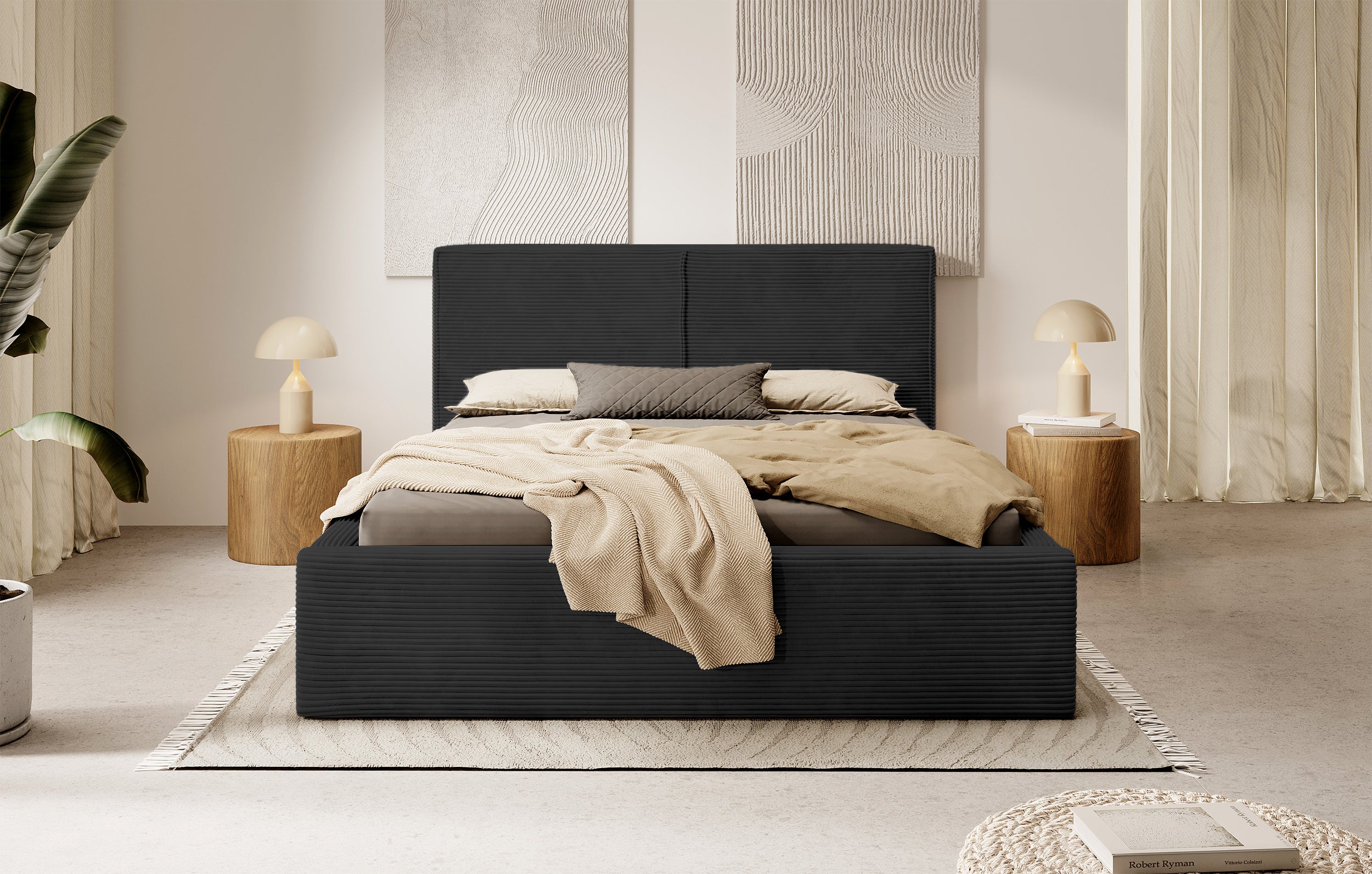Polsterbett 140x200 cm Farese mit Stauraum und Gasdruckfeder, schwarz Cord