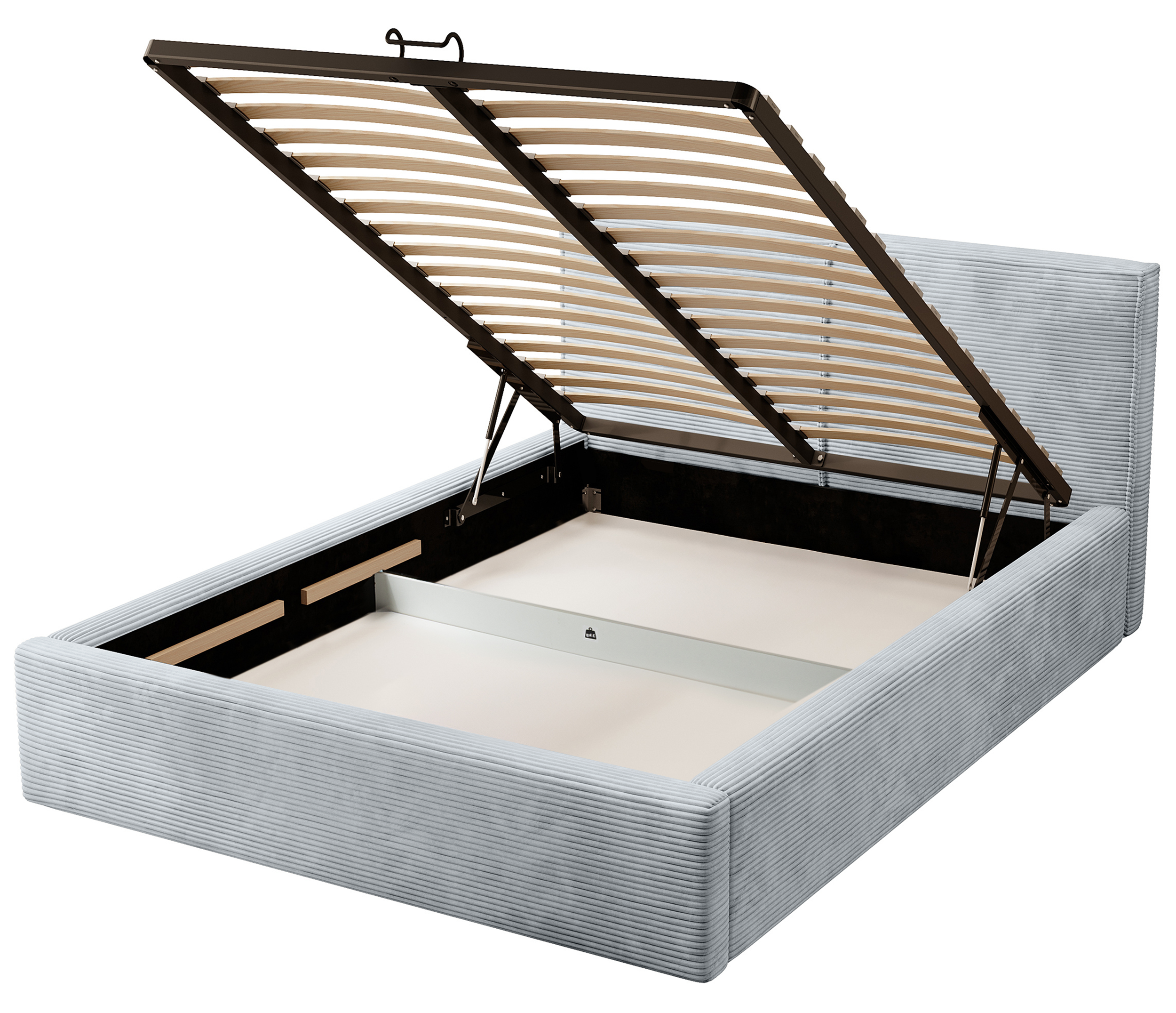 Gepolstertes Bett 160x200 cm Farese mit Stauraum und Gasdruckfeder, hellgrauer Cordstoff