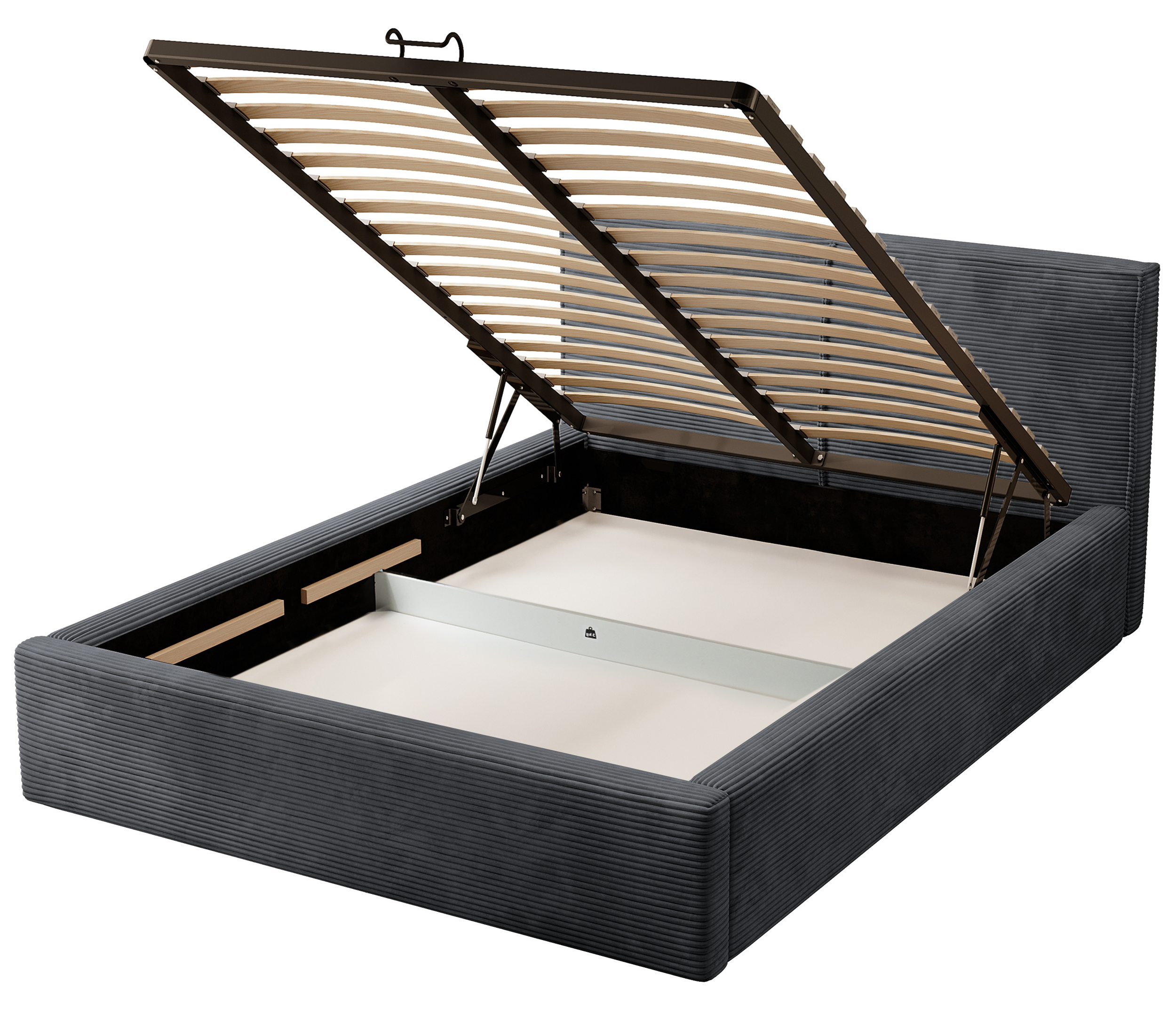 Polsterbett 180x200 cm Farese mit Stauraum und Gasdruckfeder, dunkelgrauer Cord