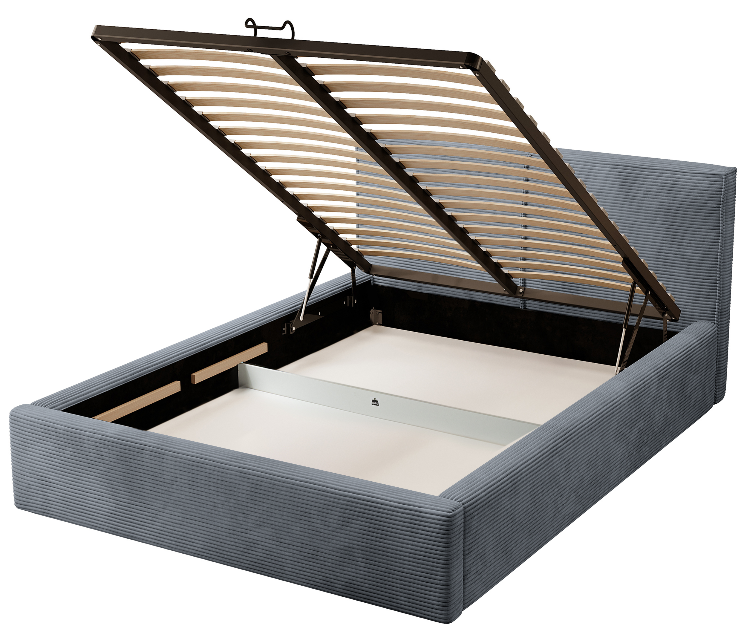 Gepolstertes Bett 140x200 cm Farese mit Stauraum und Gasdruckfeder, grauer Cordstoff